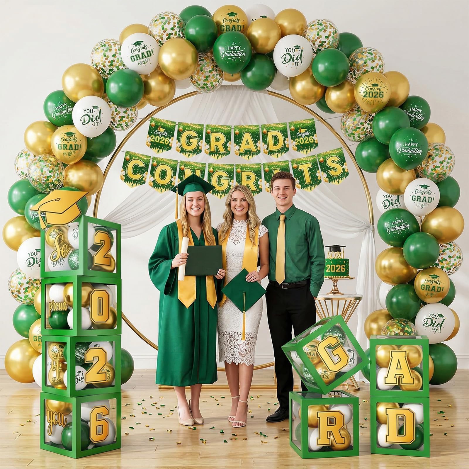 Gold and Black Graduation Party Decorations, Grad Balloon Boxes with Letters 2026 GRAD So Proud of You, Grad Balloons and Banner Decorations for Class of 2026 High School Graduation Decor