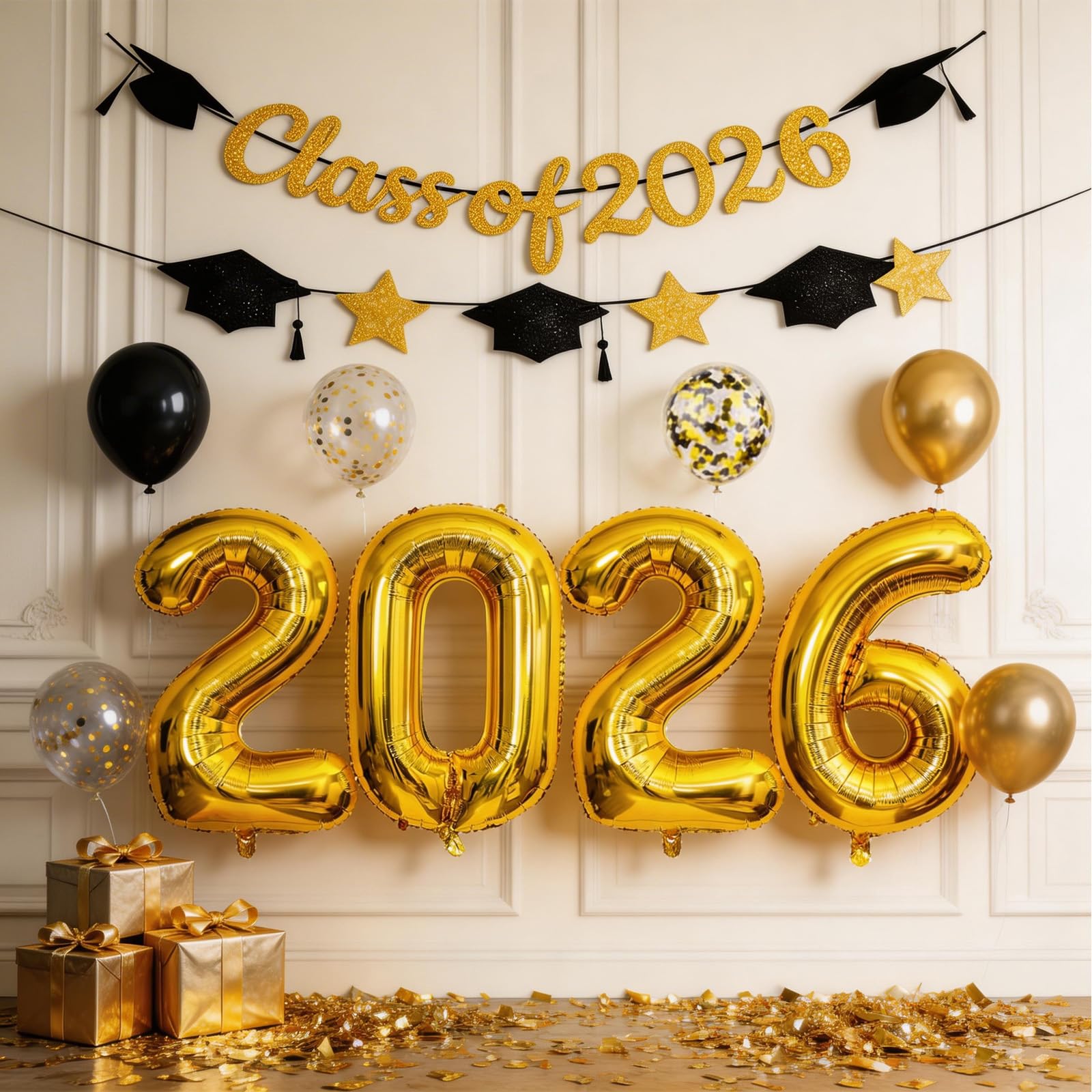 Graduation Balloons Class of 2026, Black Gold Graduation Party Decorations Set with 32in 2026 Number Balloons Confetti Balloon Star Cap Garland Banner for Senior High School College Grad Party Decor