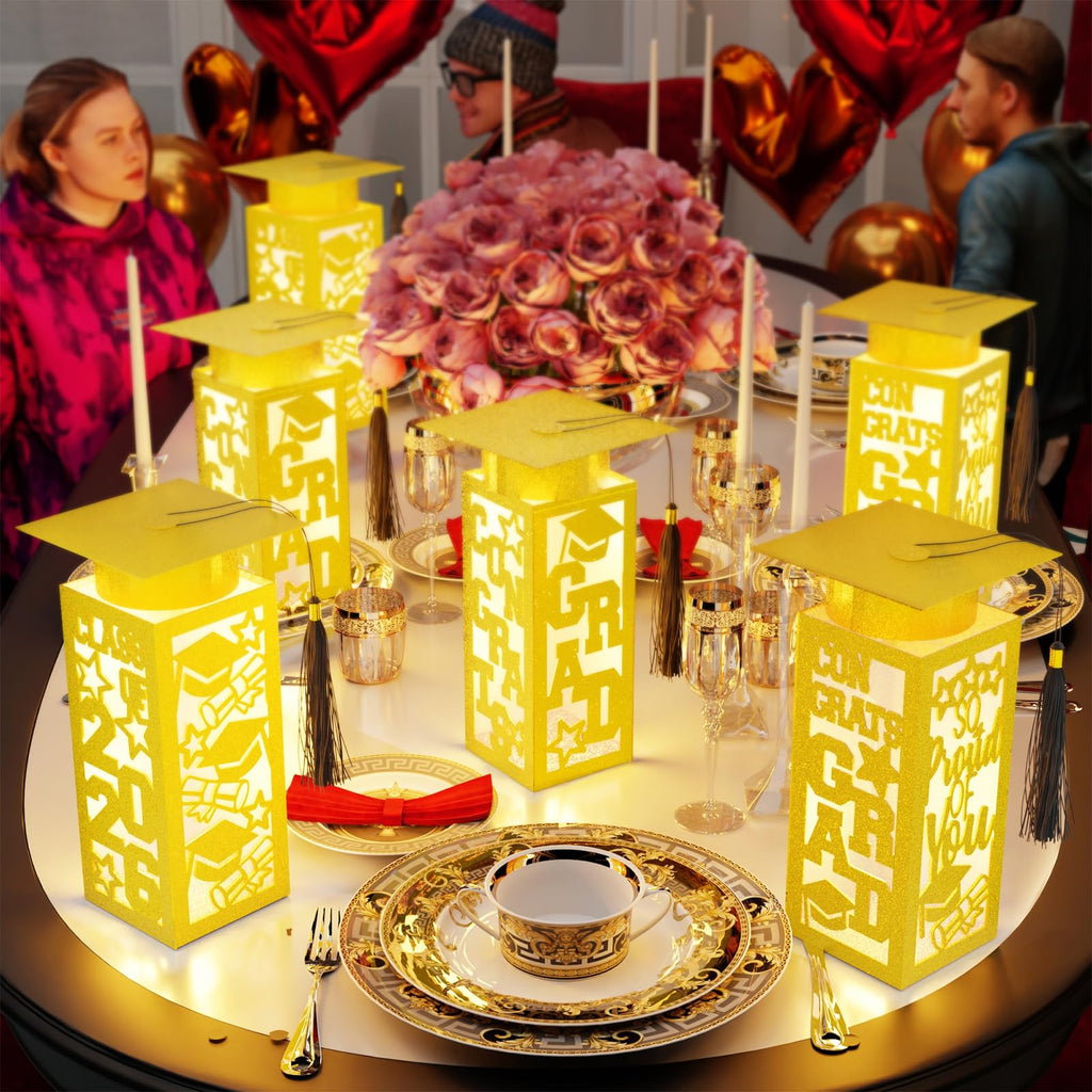 6 Pcs Graduation Table Centerpieces Boxes Class of 2026, Golden Graduation Paper Lanterns Boxes with String Lights Hollow Out for Congrats Grad School College Table Decorations Grad Party Photo Props