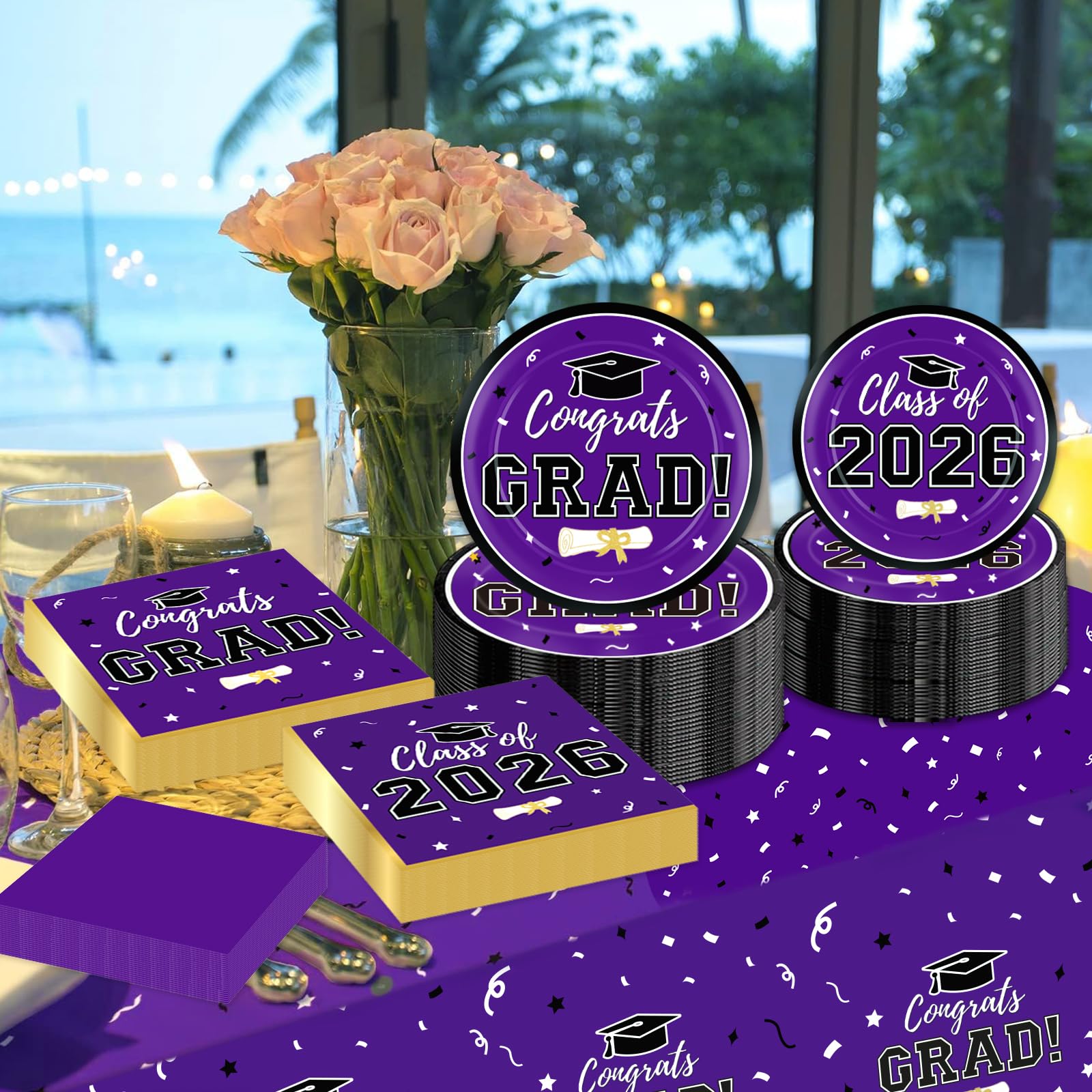 Graduation Decorations 2026 Class of 2026 Congrats Grad Disposable Paper Plates Luncheon Napkins Cocktail Napkins Black Gold Graduation Party Supplies Serve 50