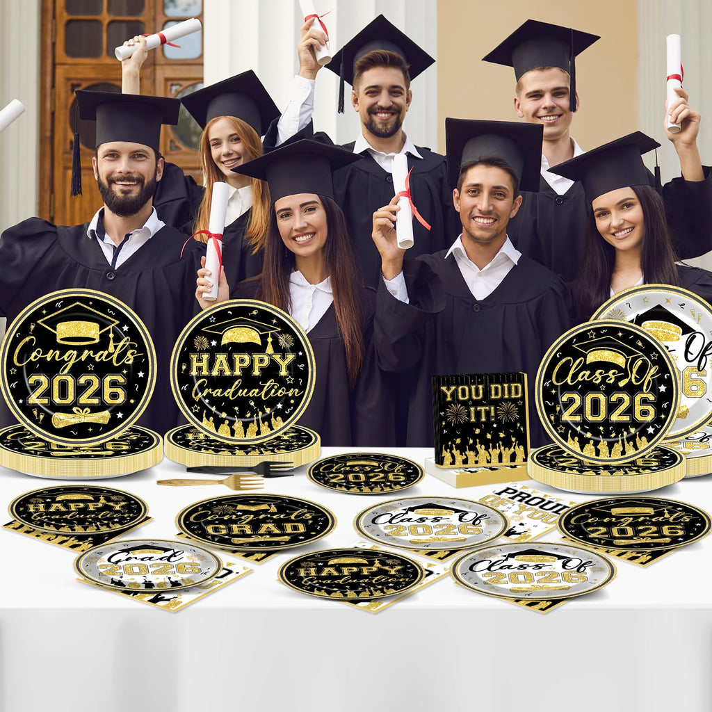 96Pcs Graduation Plates and Napkins 2026 Congrats Grad Party Decorations Grad Party Tableware Supplies Class of 2026 Disposable Dinnerware for Graduate Parties Decor Serve 24, Black and Gold