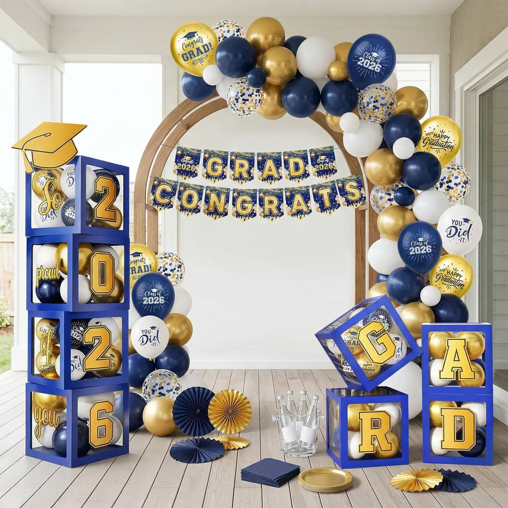 Gold and Black Graduation Party Decorations, Grad Balloon Boxes with Letters 2026 GRAD So Proud of You, Grad Balloons and Banner Decorations for Class of 2026 High School Graduation Decor