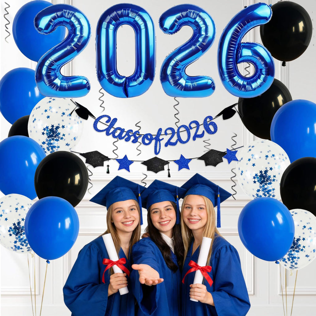 Graduation Balloons Class of 2026, Black Gold Graduation Party Decorations Set with 32in 2026 Number Balloons Confetti Balloon Star Cap Garland Banner for Senior High School College Grad Party Decor