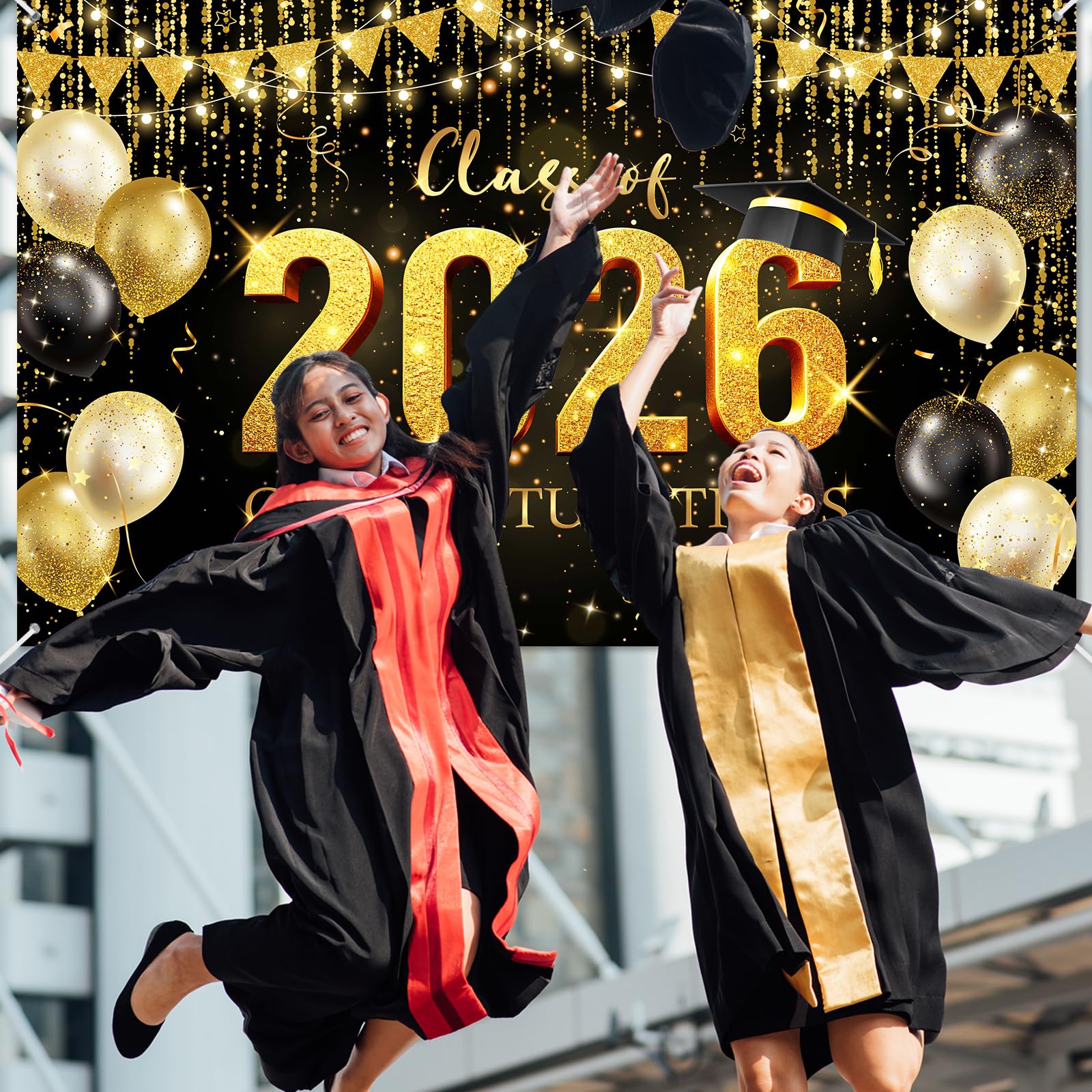 Avezano Graduation Backdrop Black and Gold Congratulations Class of 2026 Banner 2026 Graduation Decorations Photo Booth Background (6x3.6ft)