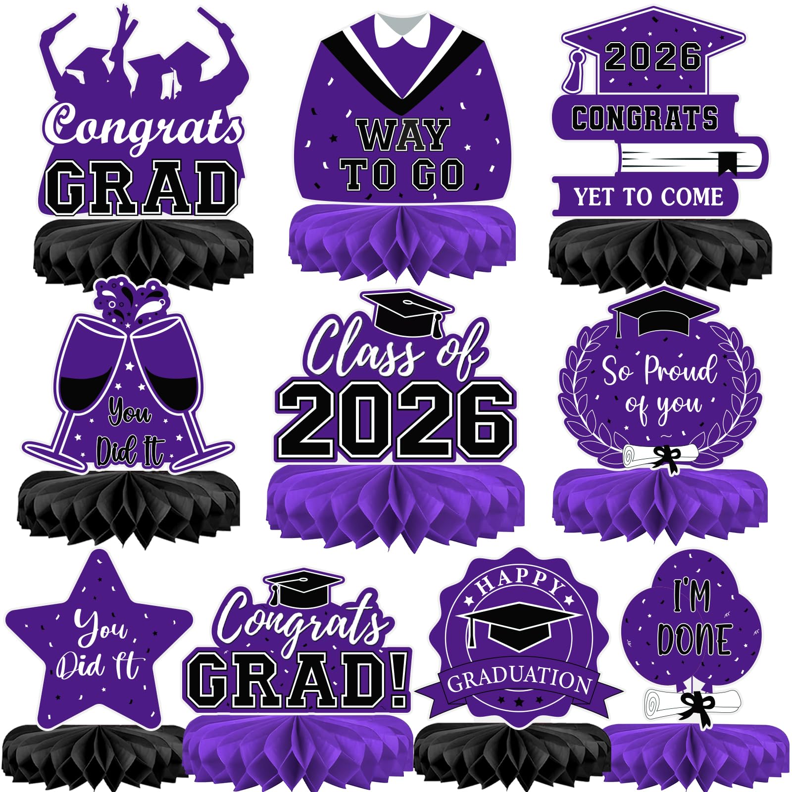 10Pcs Graduation Decorations 2026 Class of 2026 Congrats Grad Table Honeycomb Centerpieces Graduation Party Supplies for kindergarten K-12th College Any Grade Black