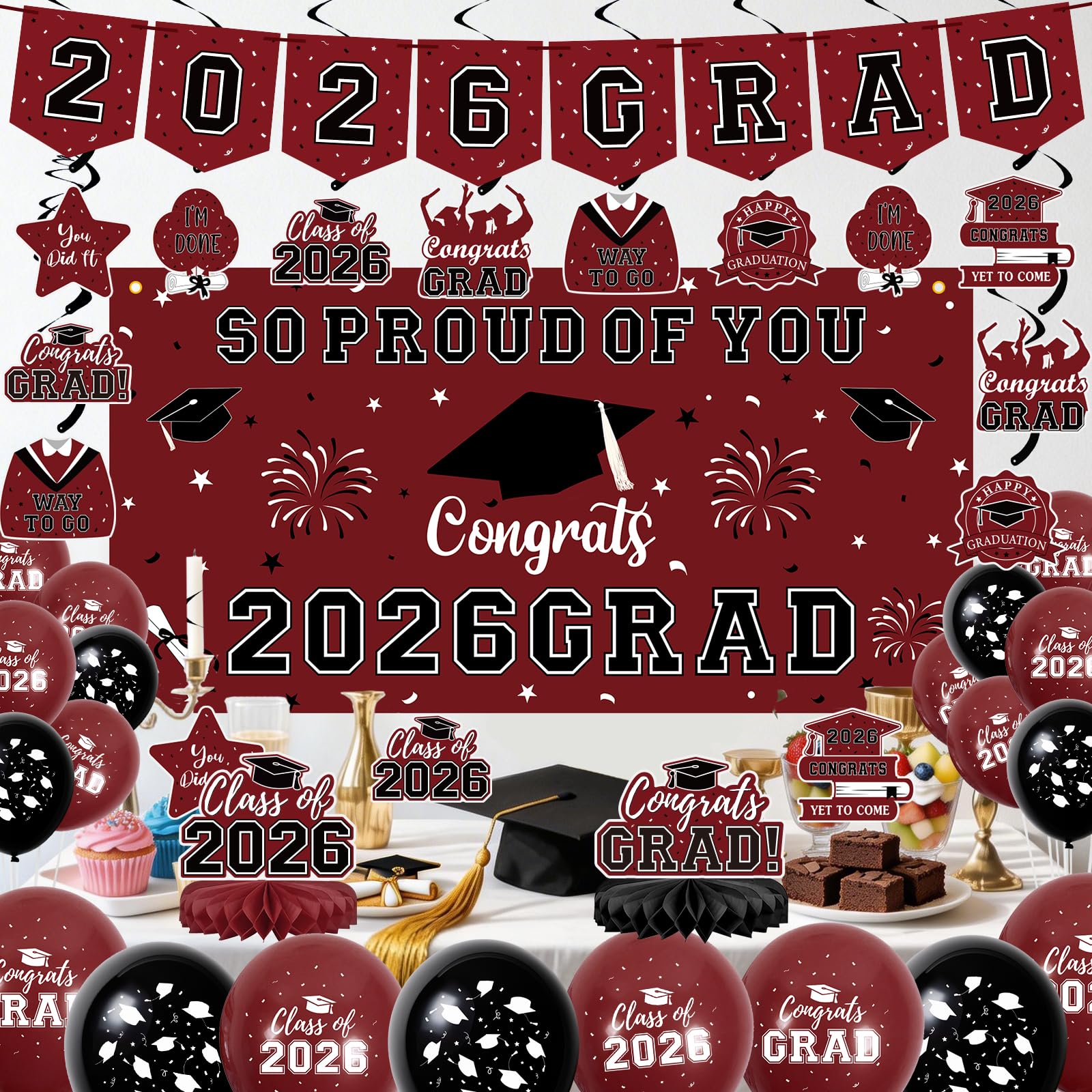 59Pcs Graduation Decorations 2026 Backdrop Balloons Banner Centerpiece Hanging Swirls Grad Class of 2026 Decorations for kindergarten K-12th College Any Grade Black Gold Themed