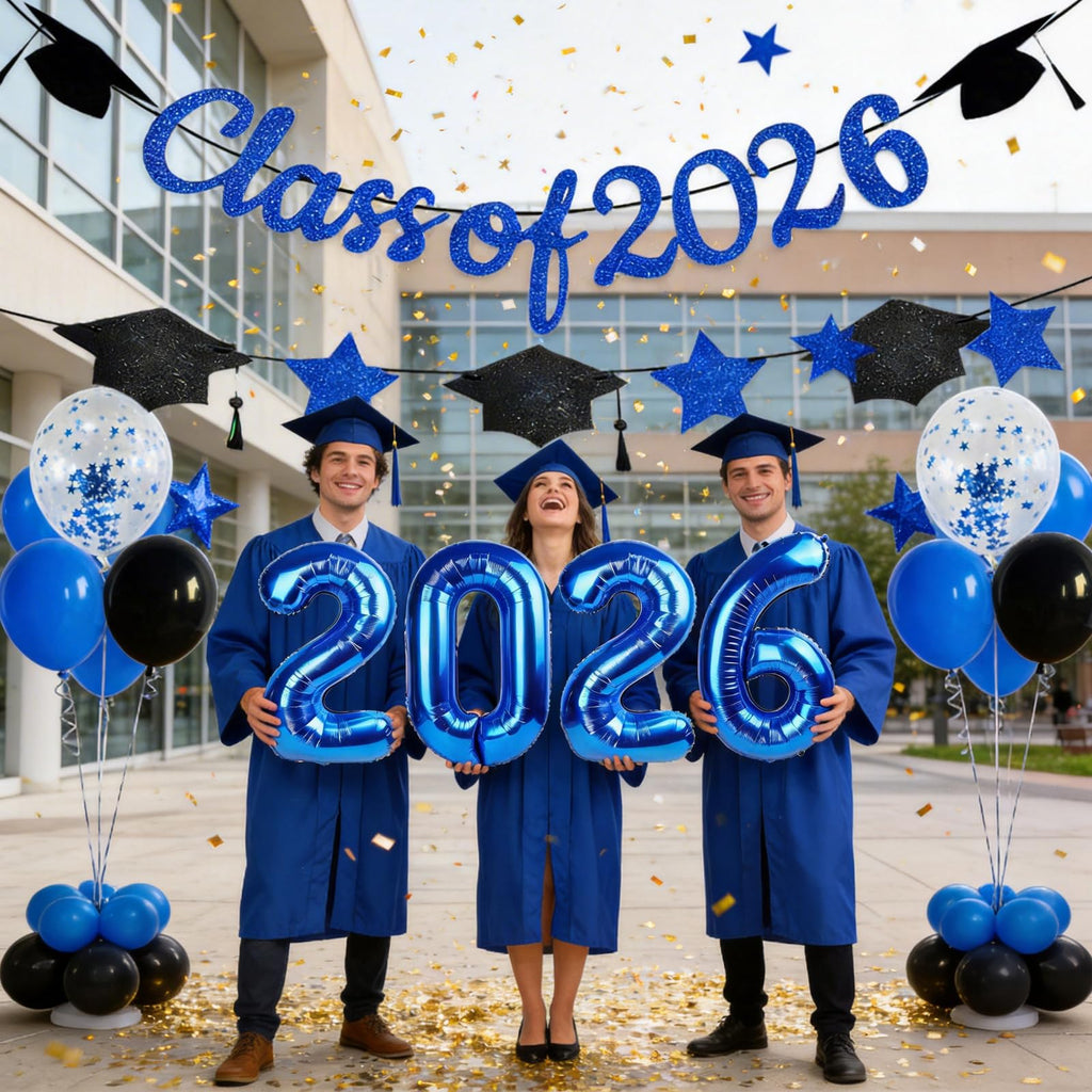 Graduation Balloons Class of 2026, Black Gold Graduation Party Decorations Set with 32in 2026 Number Balloons Confetti Balloon Star Cap Garland Banner for Senior High School College Grad Party Decor