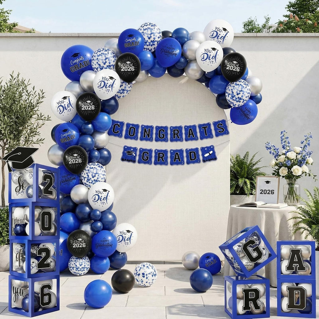Gold and Black Graduation Party Decorations, Grad Balloon Boxes with Letters 2026 GRAD So Proud of You, Grad Balloons and Banner Decorations for Class of 2026 High School Graduation Decor