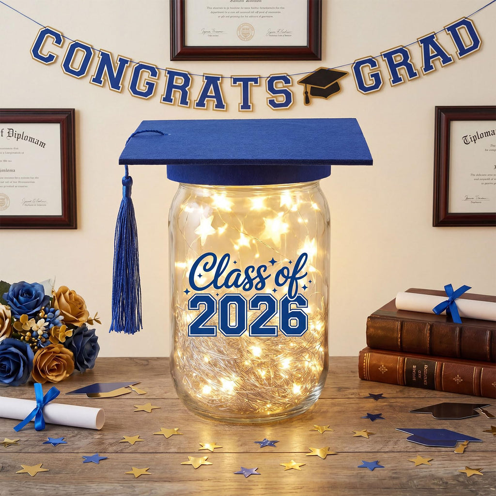 Suclain 6 Set Graduation Table Decorations Glass Mason Money Jars Gifts Class of 2026 Table Centerpieces with Felt Cap Raffia & Sticker for College High School Congrats Grad Parties(Black,Gold Tassel)