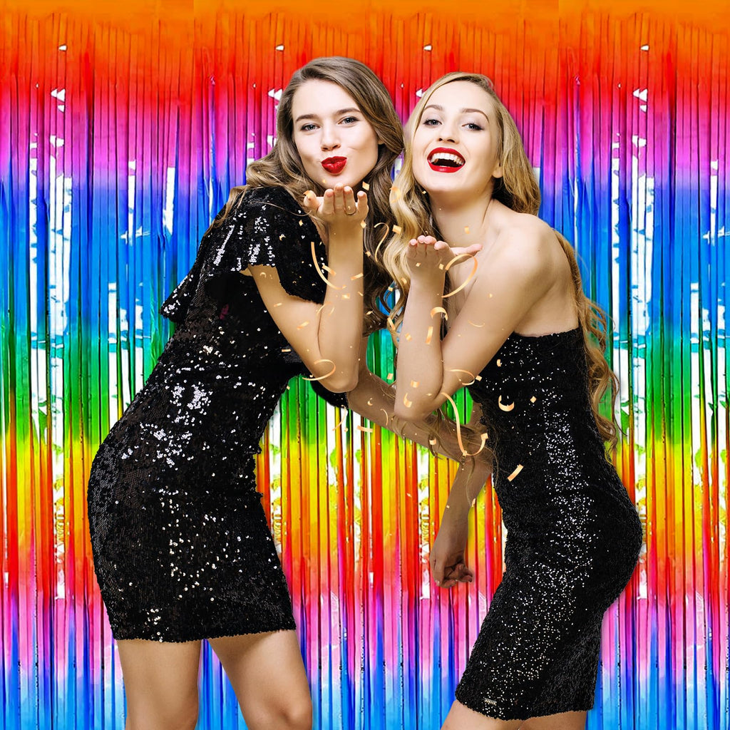 3 Pack Black Gold Silver Foil Fringe Curtain Backdrop, 3.28Ft x6.6Ft Metallic Tinsel Foil Fringe Streamer Curtains for Photo Booth, Halloween, Christmas Day, Wedding, New Year Party Decoration