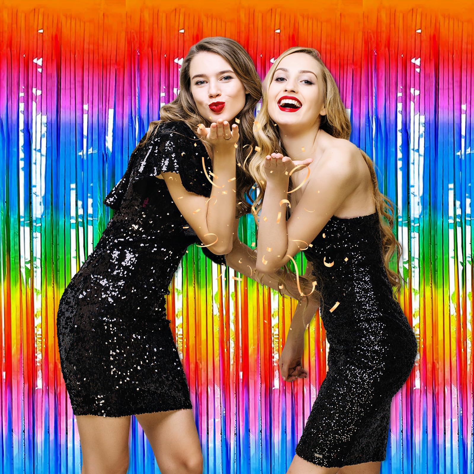 3 Pack Black Gold Silver Foil Fringe Curtain Backdrop, 3.28Ft x6.6Ft Metallic Tinsel Foil Fringe Streamer Curtains for Photo Booth, Halloween, Christmas Day, Wedding, New Year Party Decoration