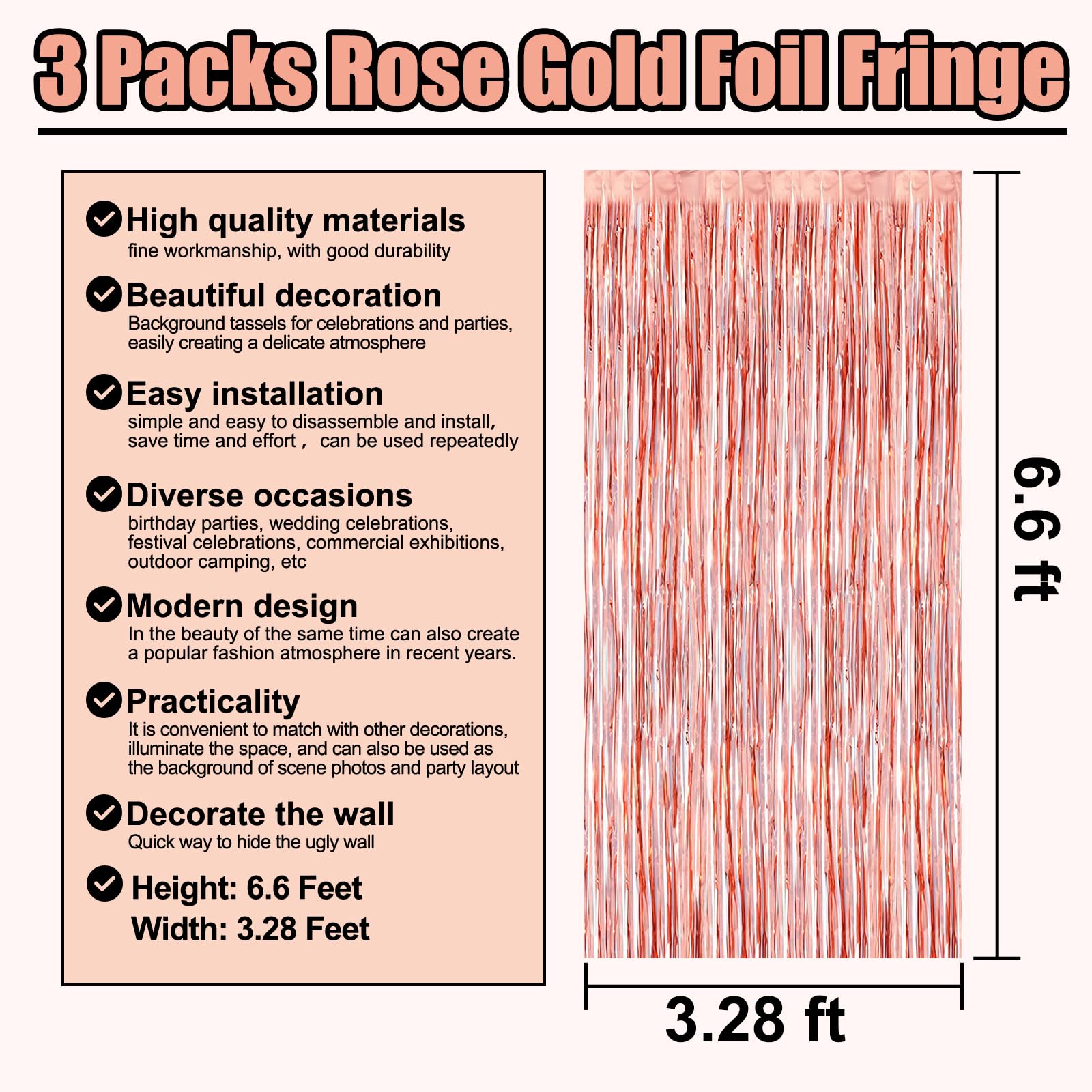 3 Pack Black Gold Silver Foil Fringe Curtain Backdrop, 3.28Ft x6.6Ft Metallic Tinsel Foil Fringe Streamer Curtains for Photo Booth, Halloween, Christmas Day, Wedding, New Year Party Decoration