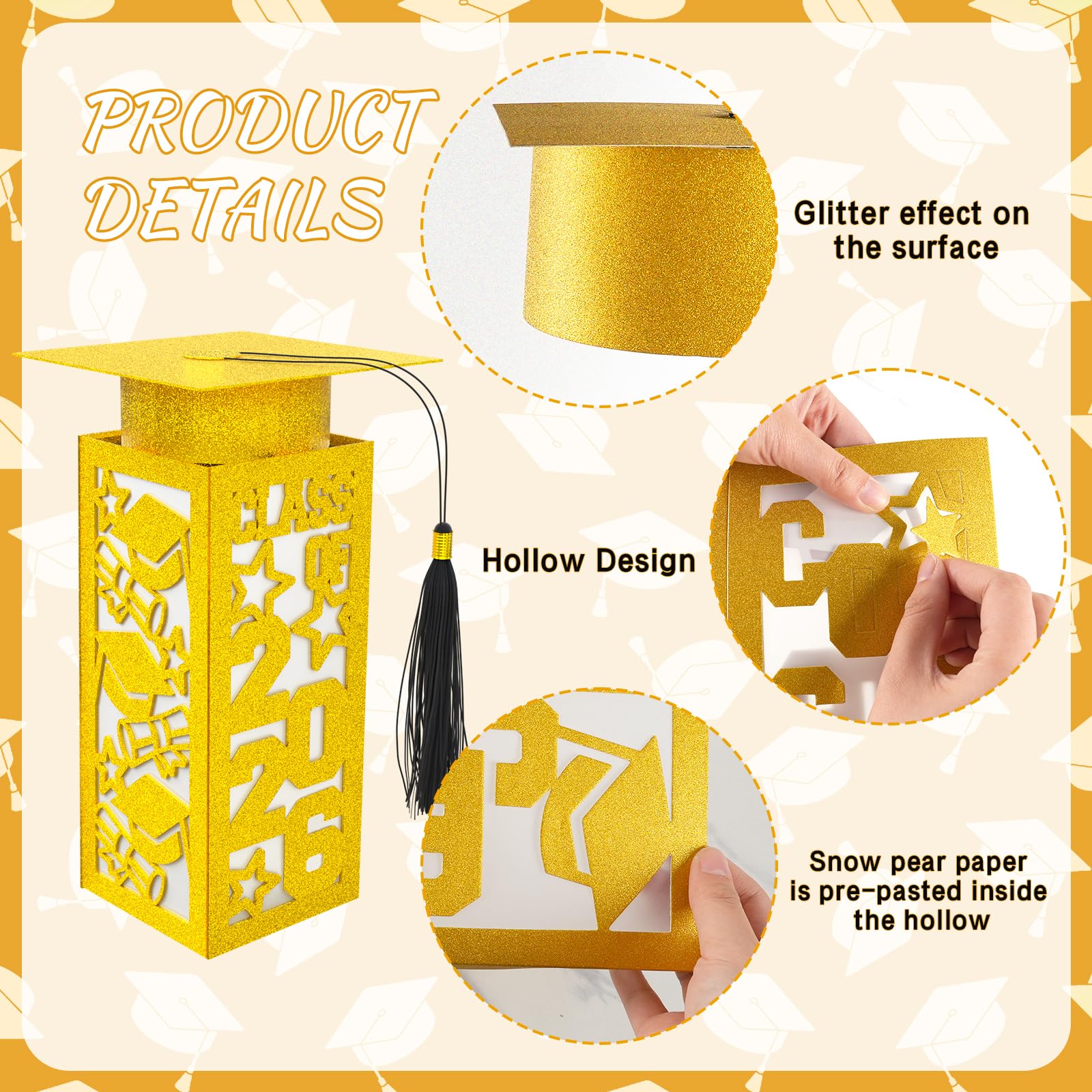 6 Pcs Graduation Table Centerpieces Boxes Class of 2026, Golden Graduation Paper Lanterns Boxes with String Lights Hollow Out for Congrats Grad School College Table Decorations Grad Party Photo Props