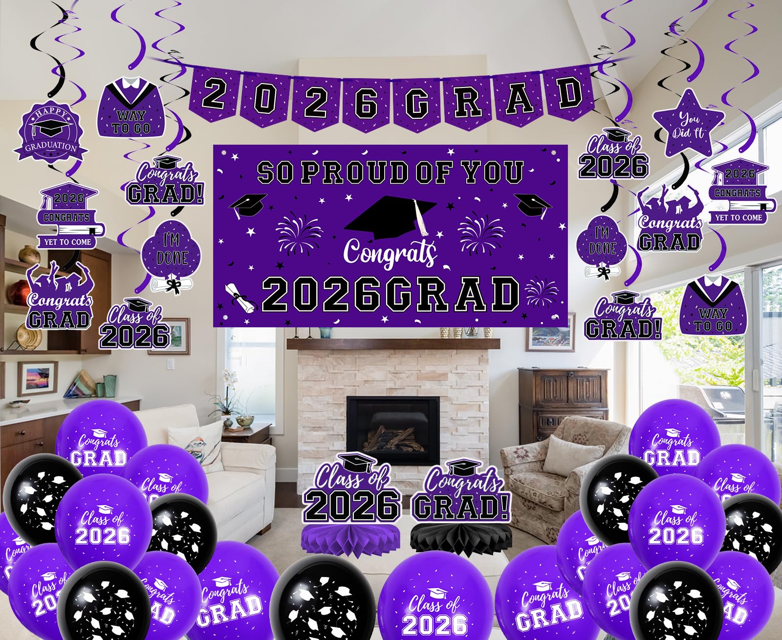 59Pcs Graduation Decorations 2026 Backdrop Balloons Banner Centerpiece Hanging Swirls Grad Class of 2026 Decorations for kindergarten K-12th College Any Grade Black Gold Themed
