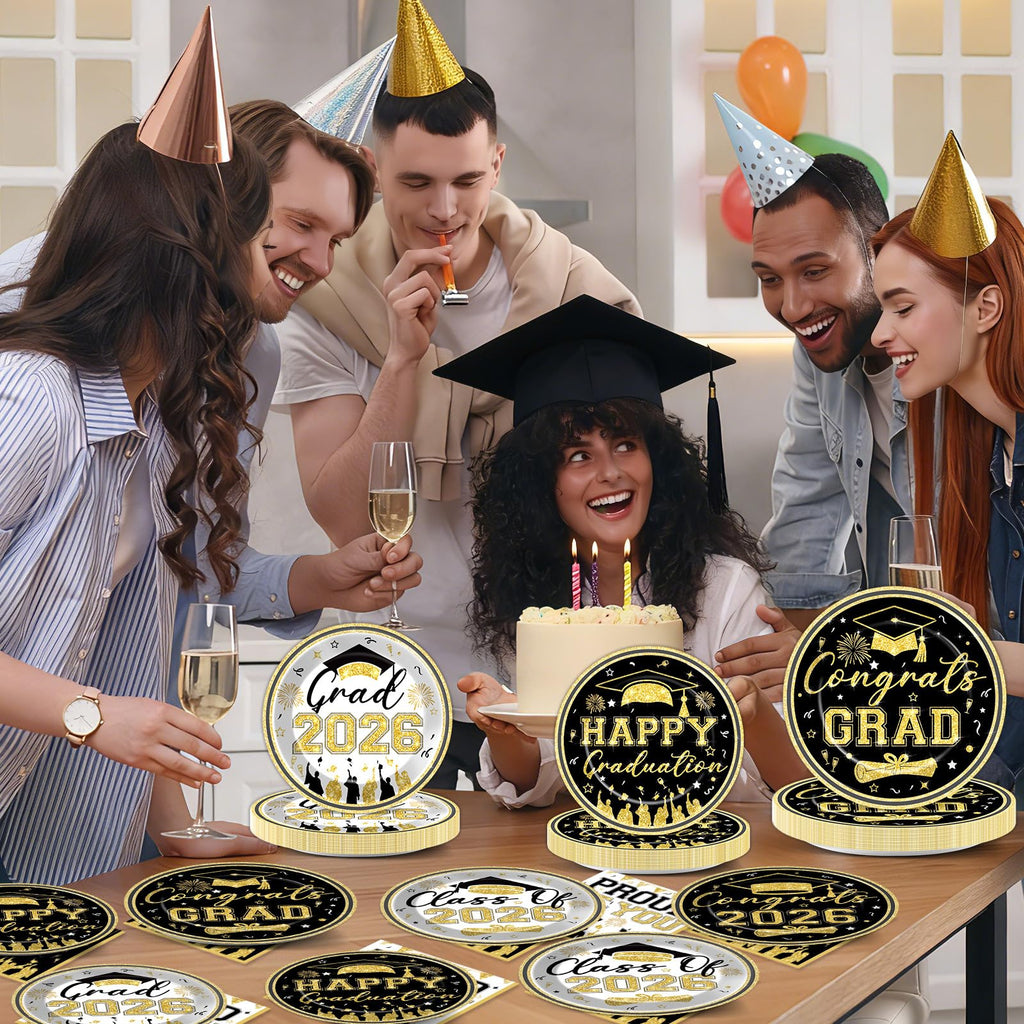 96Pcs Graduation Plates and Napkins 2026 Congrats Grad Party Decorations Grad Party Tableware Supplies Class of 2026 Disposable Dinnerware for Graduate Parties Decor Serve 24, Black and Gold