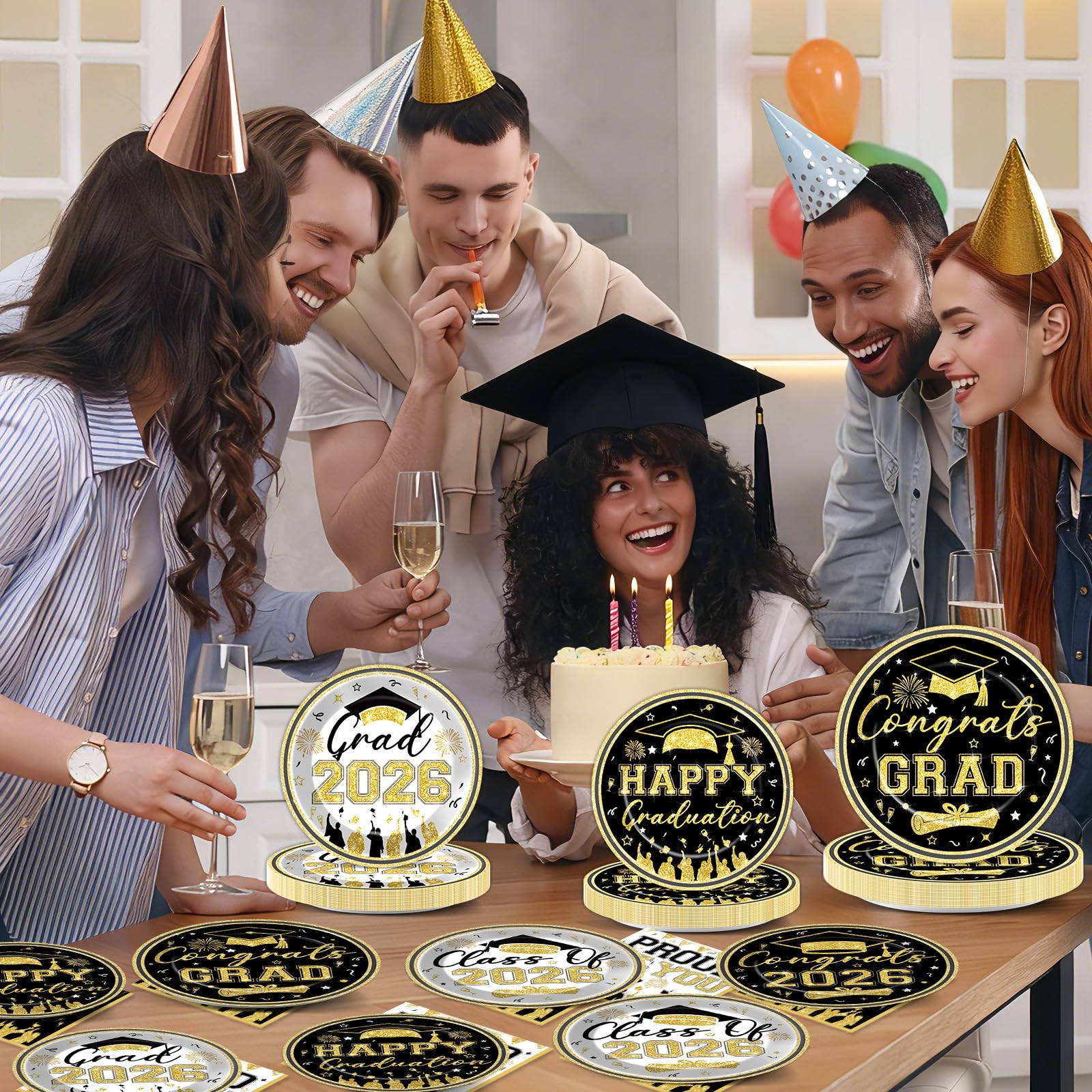 96Pcs Graduation Plates and Napkins 2026 Congrats Grad Party Decorations Grad Party Tableware Supplies Class of 2026 Disposable Dinnerware for Graduate Parties Decor Serve 24, Black and Gold