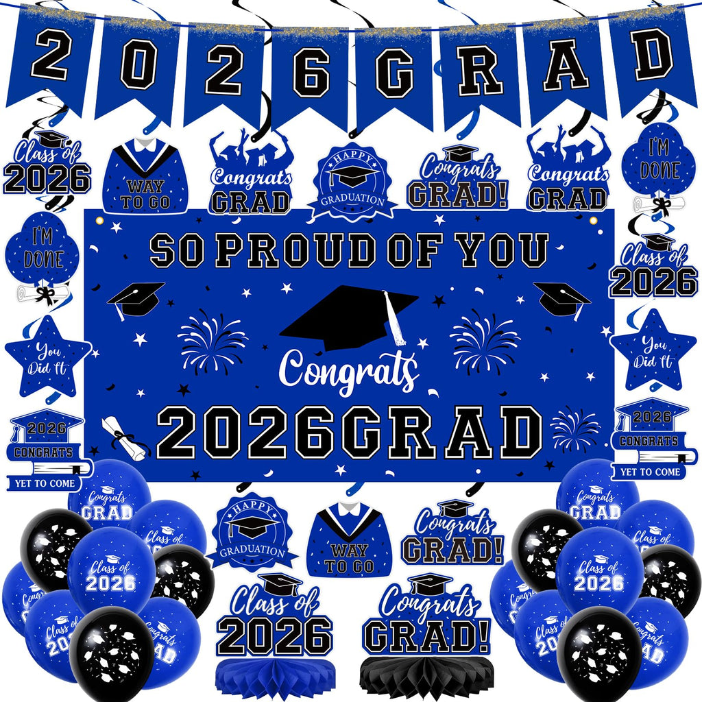 59Pcs Graduation Decorations 2026 Backdrop Balloons Banner Centerpiece Hanging Swirls Grad Class of 2026 Decorations for kindergarten K-12th College Any Grade Black Gold Themed