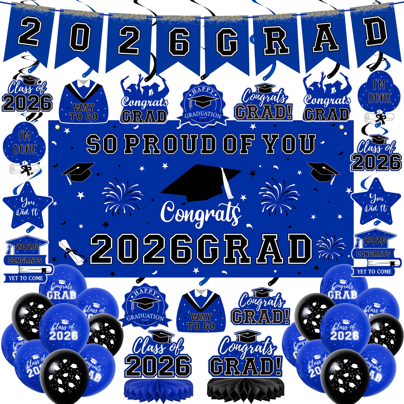 59Pcs Graduation Decorations 2026 Backdrop Balloons Banner Centerpiece Hanging Swirls Grad Class of 2026 Decorations for kindergarten K-12th College Any Grade Black Gold Themed