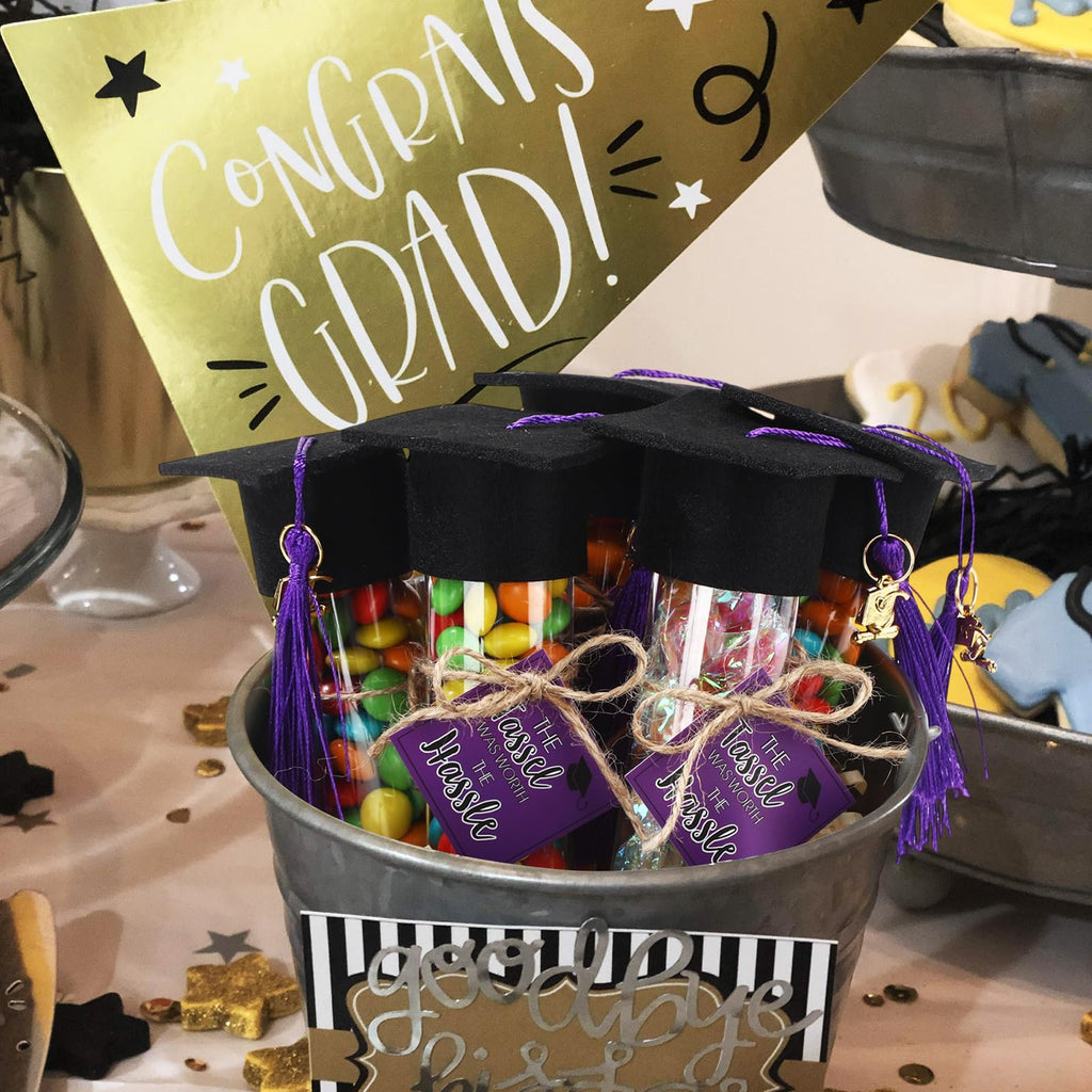 Willinglong 30 Set 2026 Graduation Candy Tubes Jars Set 100 ml Fillable Clear Plastic Gumball Container with Cap with Tassel and Cards for DIY 2026 Graduation Party Favors(Blue)