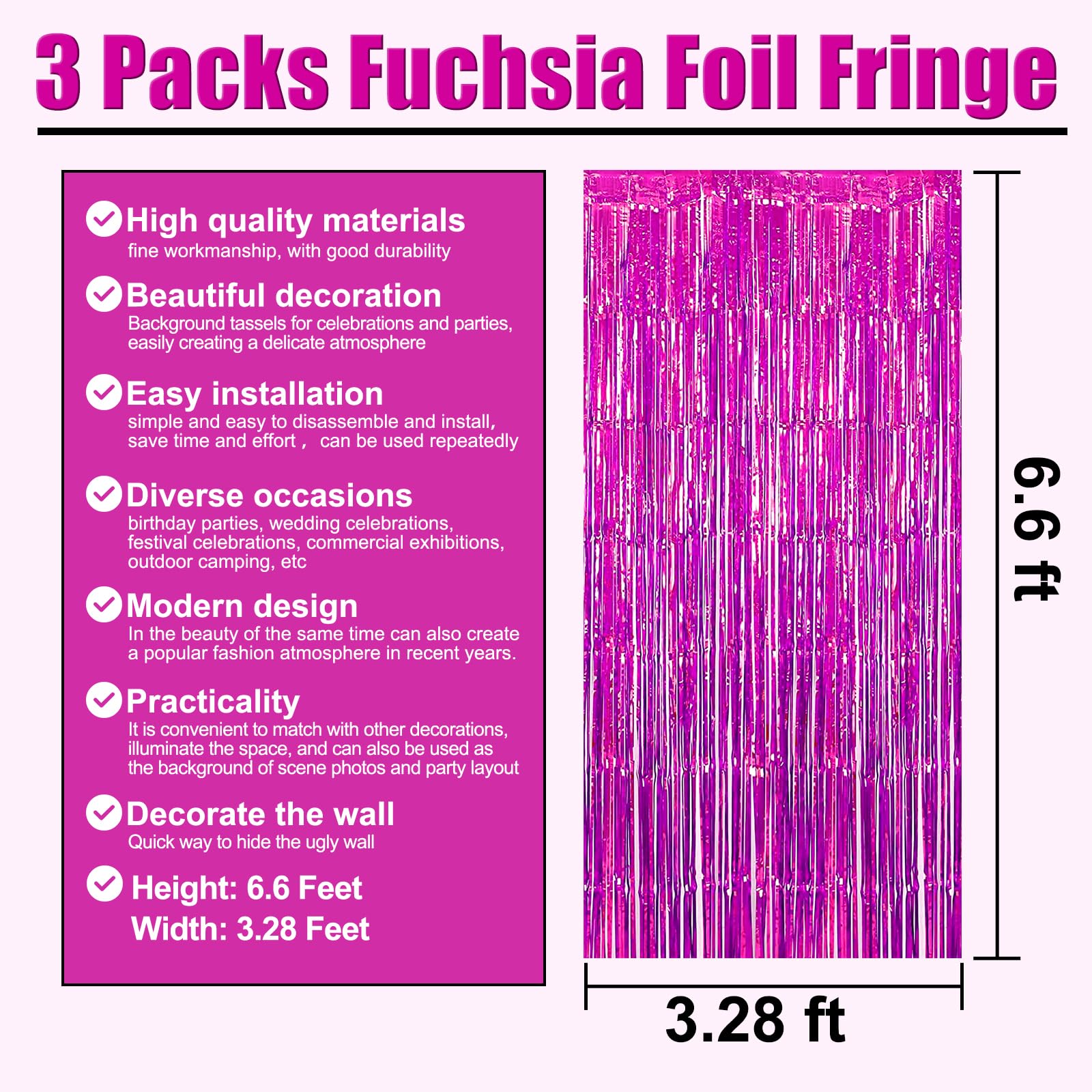 3 Pack Black Gold Silver Foil Fringe Curtain Backdrop, 3.28Ft x6.6Ft Metallic Tinsel Foil Fringe Streamer Curtains for Photo Booth, Halloween, Christmas Day, Wedding, New Year Party Decoration