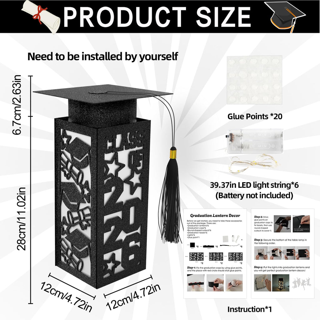 6 Pcs Graduation Table Centerpieces Boxes Class of 2026, Golden Graduation Paper Lanterns Boxes with String Lights Hollow Out for Congrats Grad School College Table Decorations Grad Party Photo Props