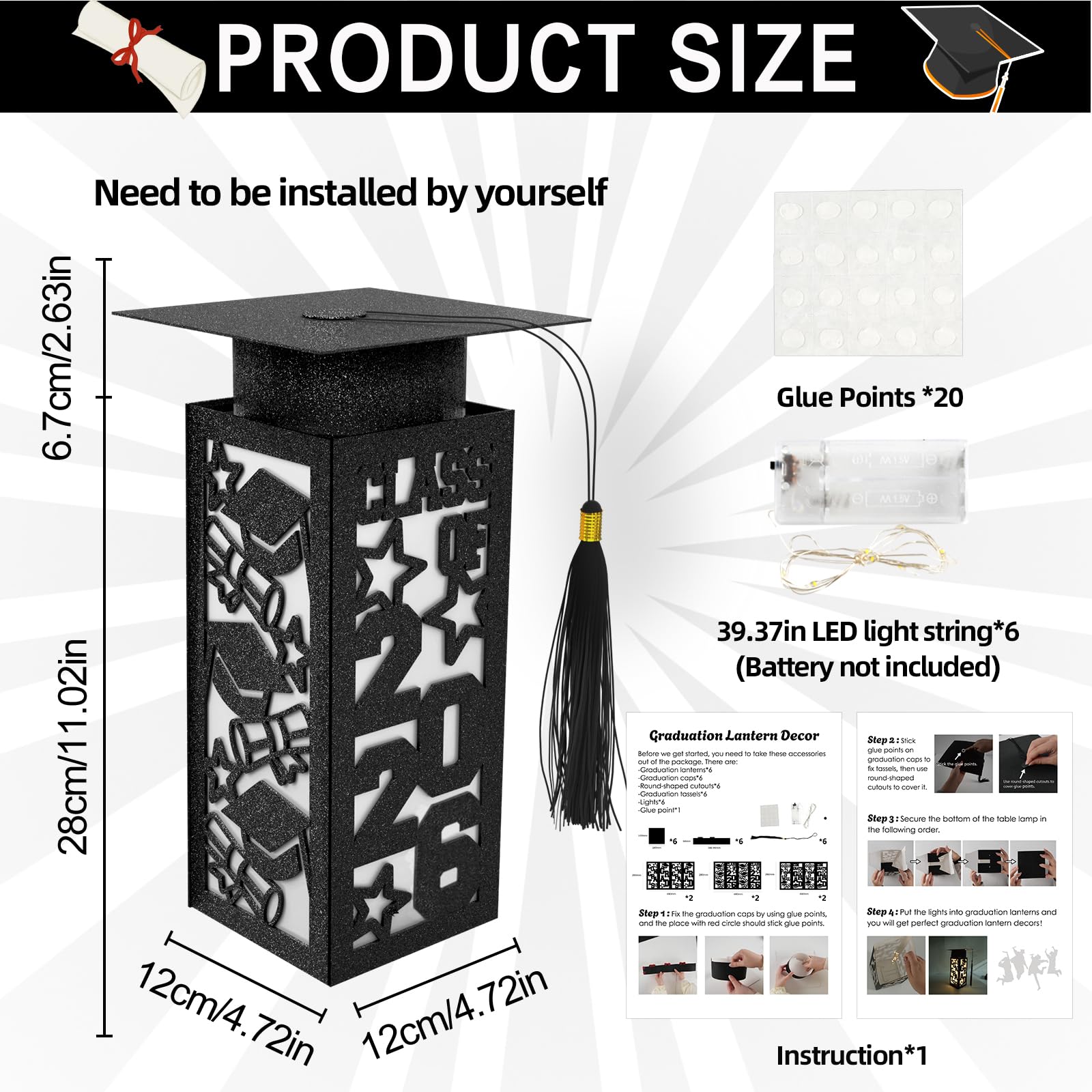 6 Pcs Graduation Table Centerpieces Boxes Class of 2026, Golden Graduation Paper Lanterns Boxes with String Lights Hollow Out for Congrats Grad School College Table Decorations Grad Party Photo Props