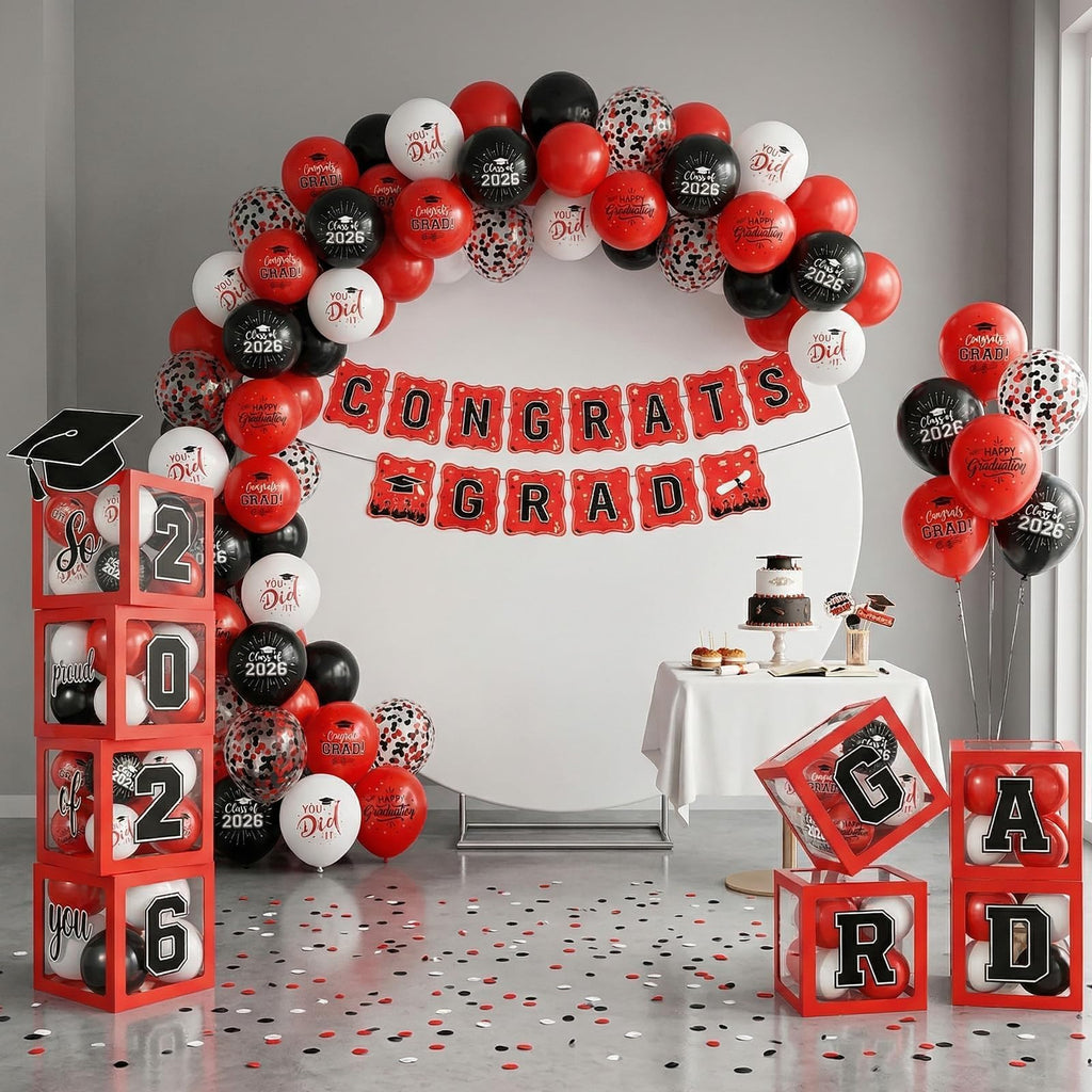 Gold and Black Graduation Party Decorations, Grad Balloon Boxes with Letters 2026 GRAD So Proud of You, Grad Balloons and Banner Decorations for Class of 2026 High School Graduation Decor