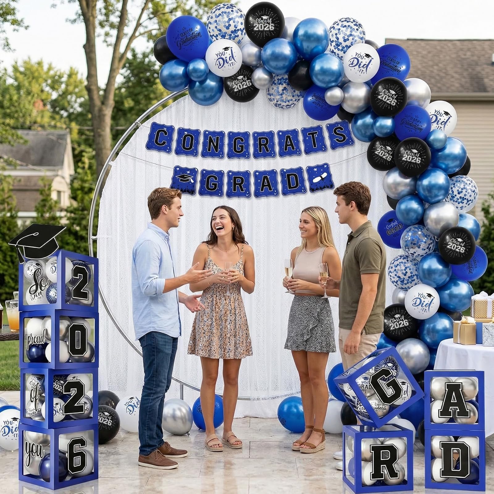 Gold and Black Graduation Party Decorations, Grad Balloon Boxes with Letters 2026 GRAD So Proud of You, Grad Balloons and Banner Decorations for Class of 2026 High School Graduation Decor