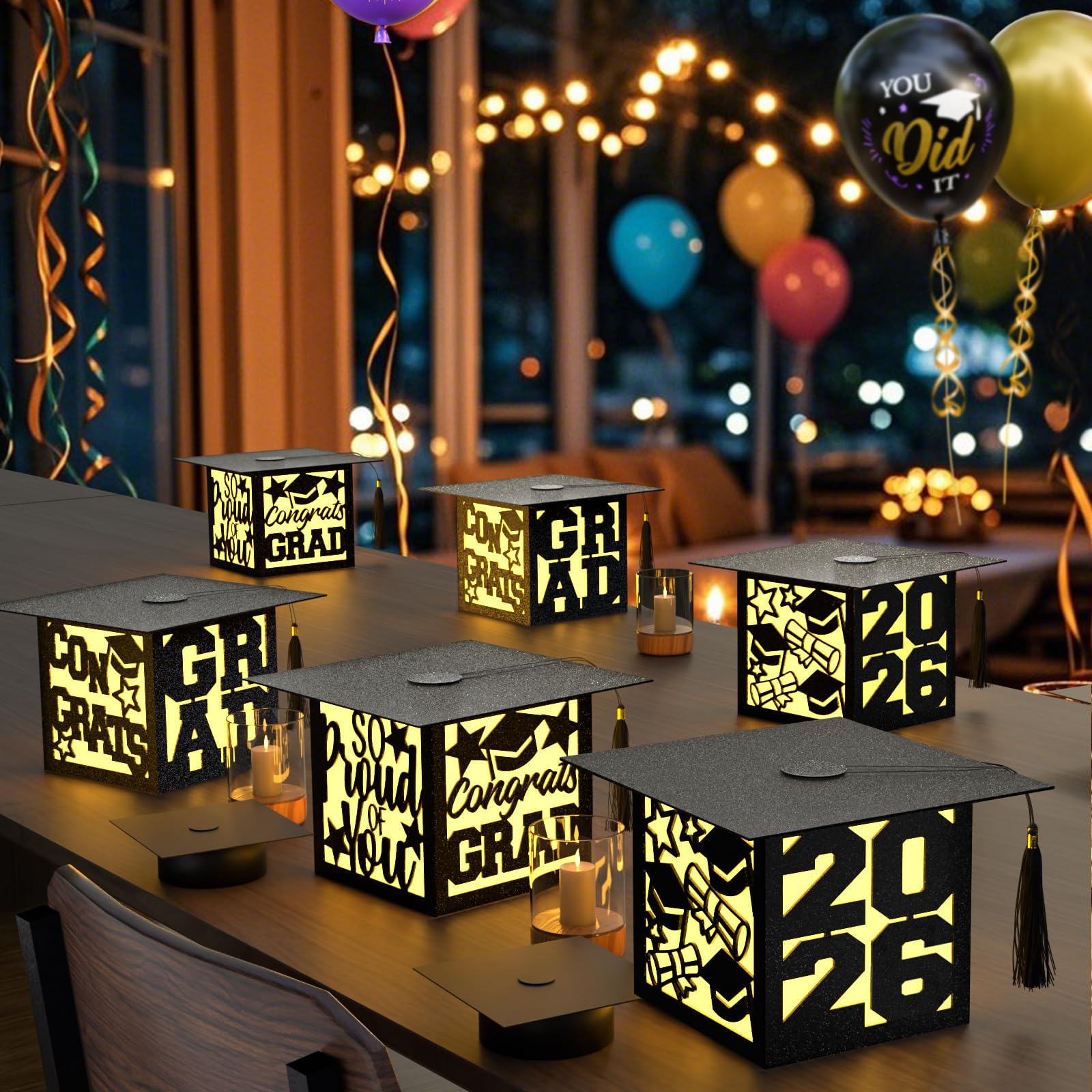 6 Pcs Graduation Table Centerpieces Boxes Class of 2026, Golden Graduation Paper Lanterns Boxes with String Lights Hollow Out for Congrats Grad School College Table Decorations Grad Party Photo Props