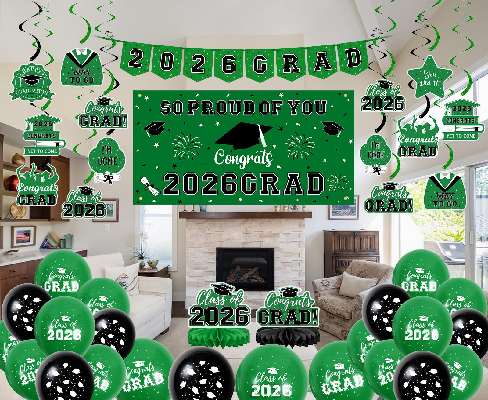 59Pcs Graduation Decorations 2026 Backdrop Balloons Banner Centerpiece Hanging Swirls Grad Class of 2026 Decorations for kindergarten K-12th College Any Grade Black Gold Themed