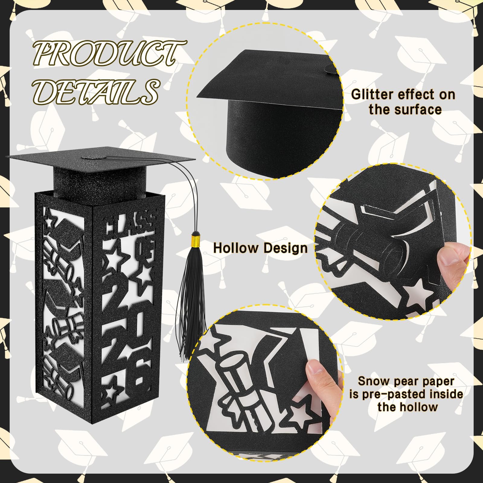 6 Pcs Graduation Table Centerpieces Boxes Class of 2026, Golden Graduation Paper Lanterns Boxes with String Lights Hollow Out for Congrats Grad School College Table Decorations Grad Party Photo Props