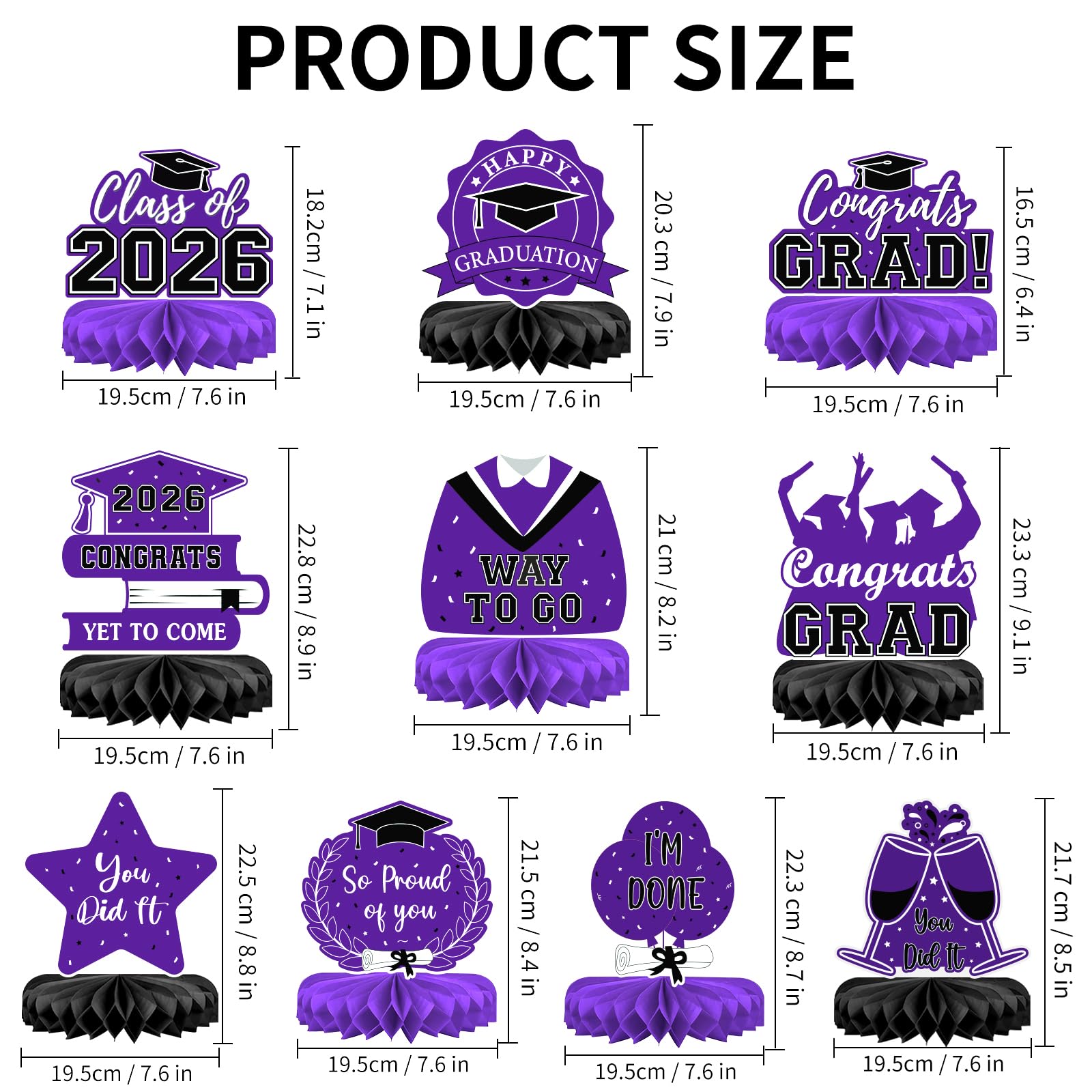 10Pcs Graduation Decorations 2026 Class of 2026 Congrats Grad Table Honeycomb Centerpieces Graduation Party Supplies for kindergarten K-12th College Any Grade Black