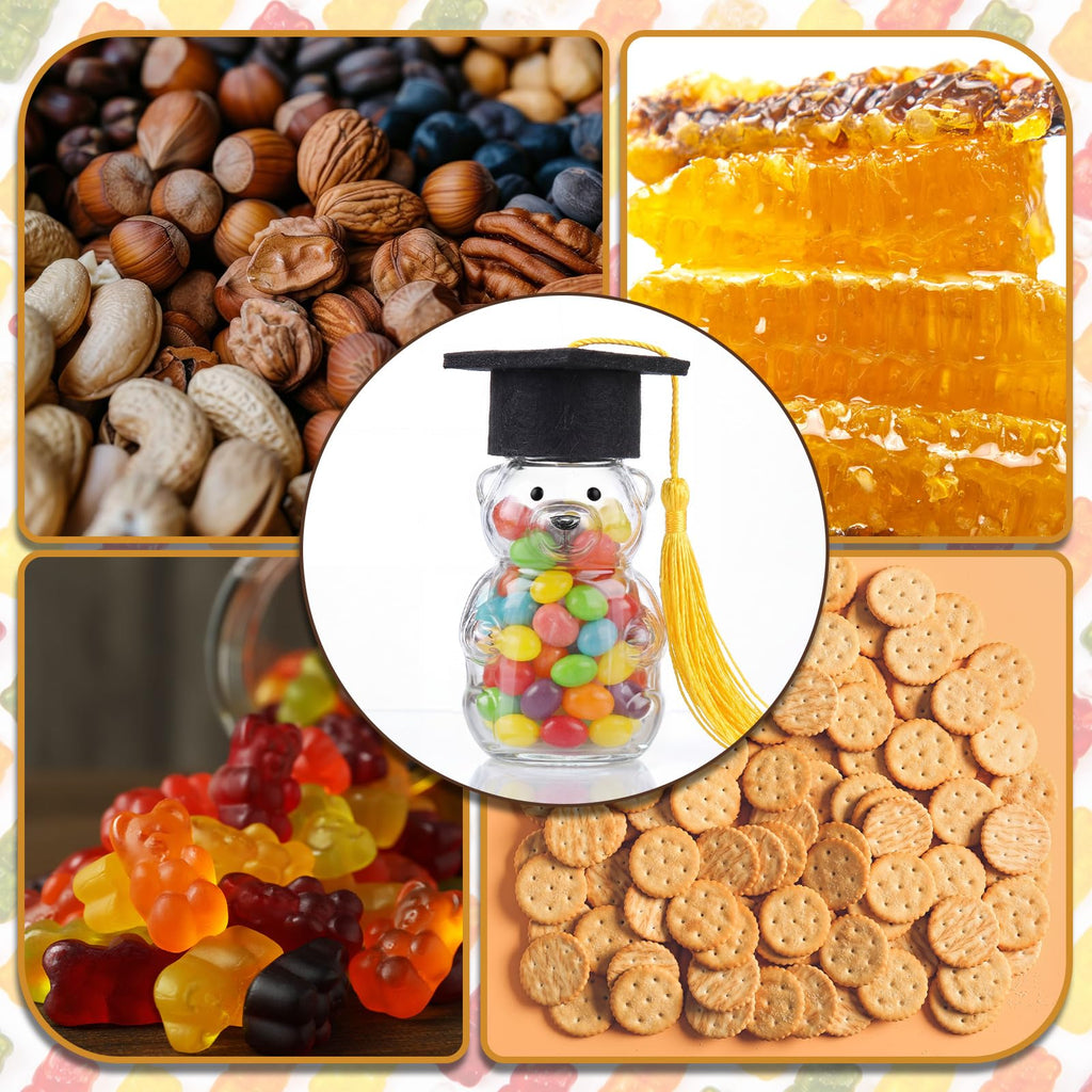 15 Set Graduation Cap Bear Jars Graduation Candy Boxes Containers Plastic Clear Bear Jars with Black Grad Cap and Tassel Grad Gifts Bulk for Party Favors Decorations (60 ml,Black Eyes)