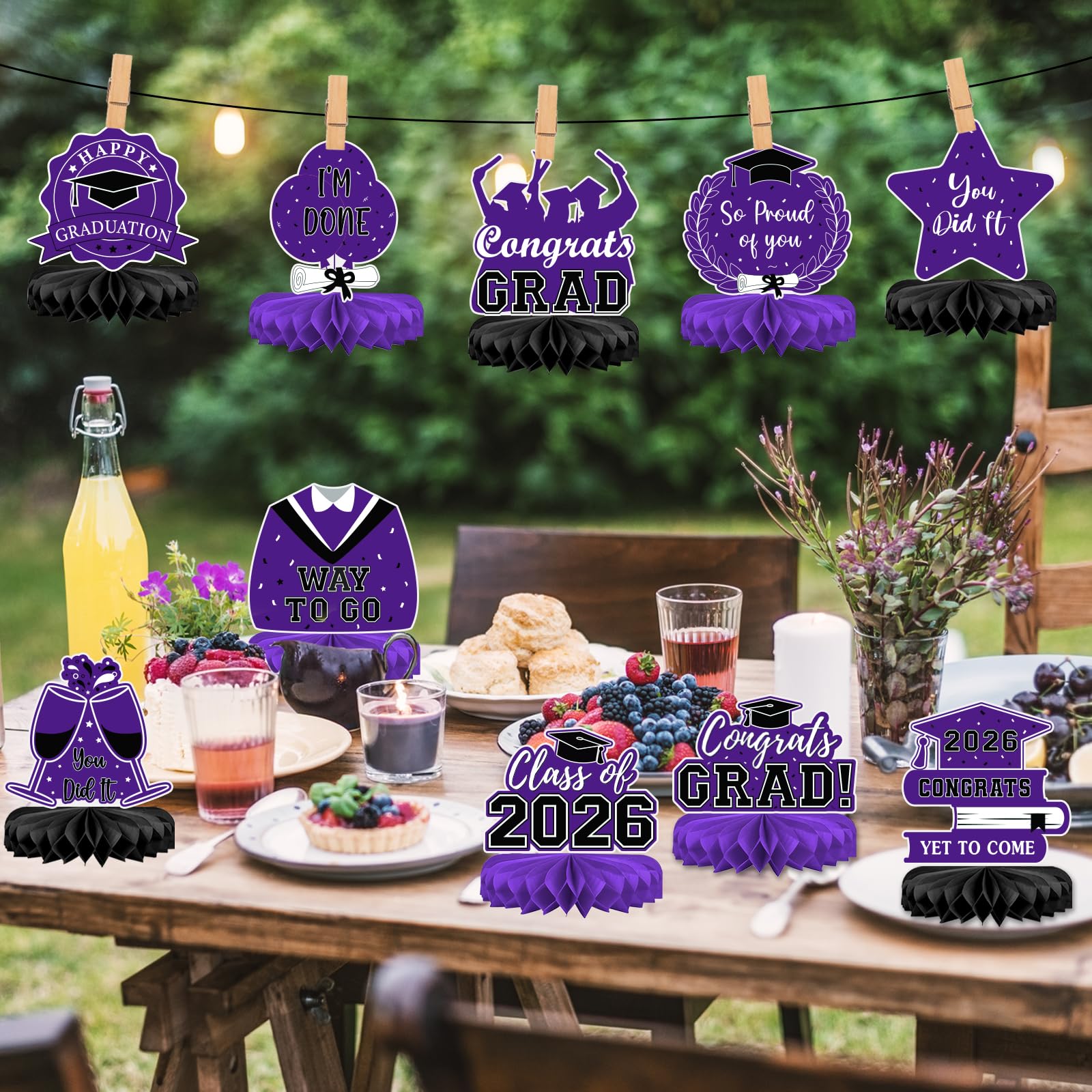 10Pcs Graduation Decorations 2026 Class of 2026 Congrats Grad Table Honeycomb Centerpieces Graduation Party Supplies for kindergarten K-12th College Any Grade Black