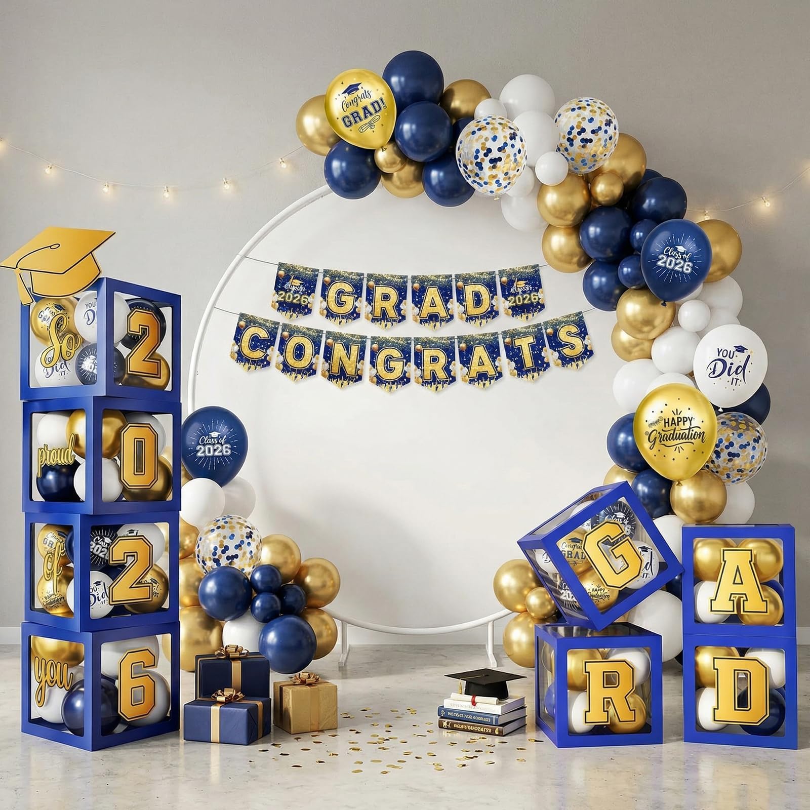 Gold and Black Graduation Party Decorations, Grad Balloon Boxes with Letters 2026 GRAD So Proud of You, Grad Balloons and Banner Decorations for Class of 2026 High School Graduation Decor