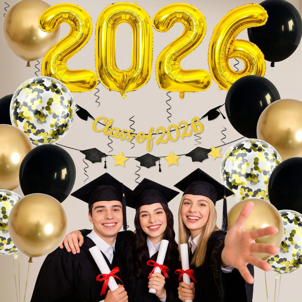 Graduation Balloons Class of 2026, Black Gold Graduation Party Decorations Set with 32in 2026 Number Balloons Confetti Balloon Star Cap Garland Banner for Senior High School College Grad Party Decor