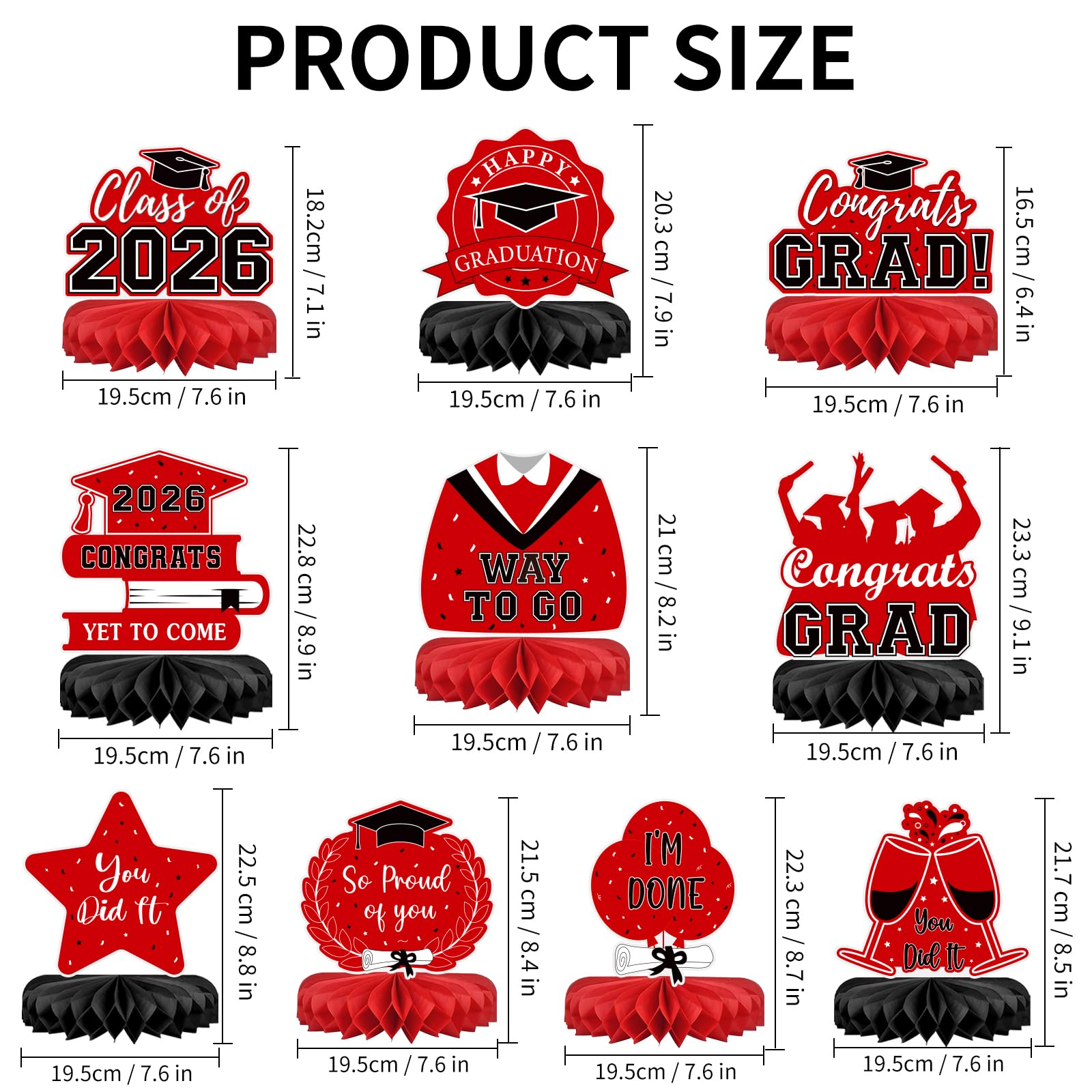10Pcs Graduation Decorations 2026 Class of 2026 Congrats Grad Table Honeycomb Centerpieces Graduation Party Supplies for kindergarten K-12th College Any Grade Black