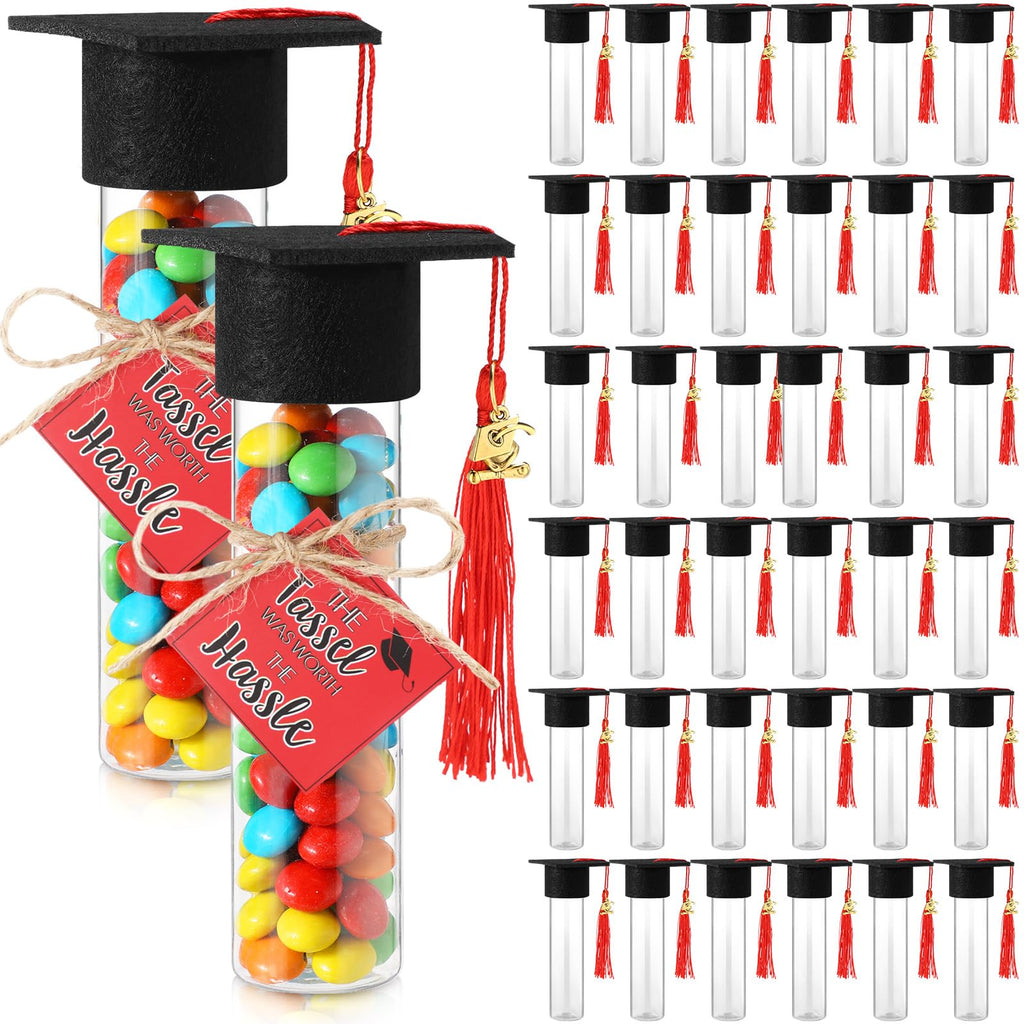 Willinglong 30 Set 2026 Graduation Candy Tubes Jars Set 100 ml Fillable Clear Plastic Gumball Container with Cap with Tassel and Cards for DIY 2026 Graduation Party Favors(Blue)