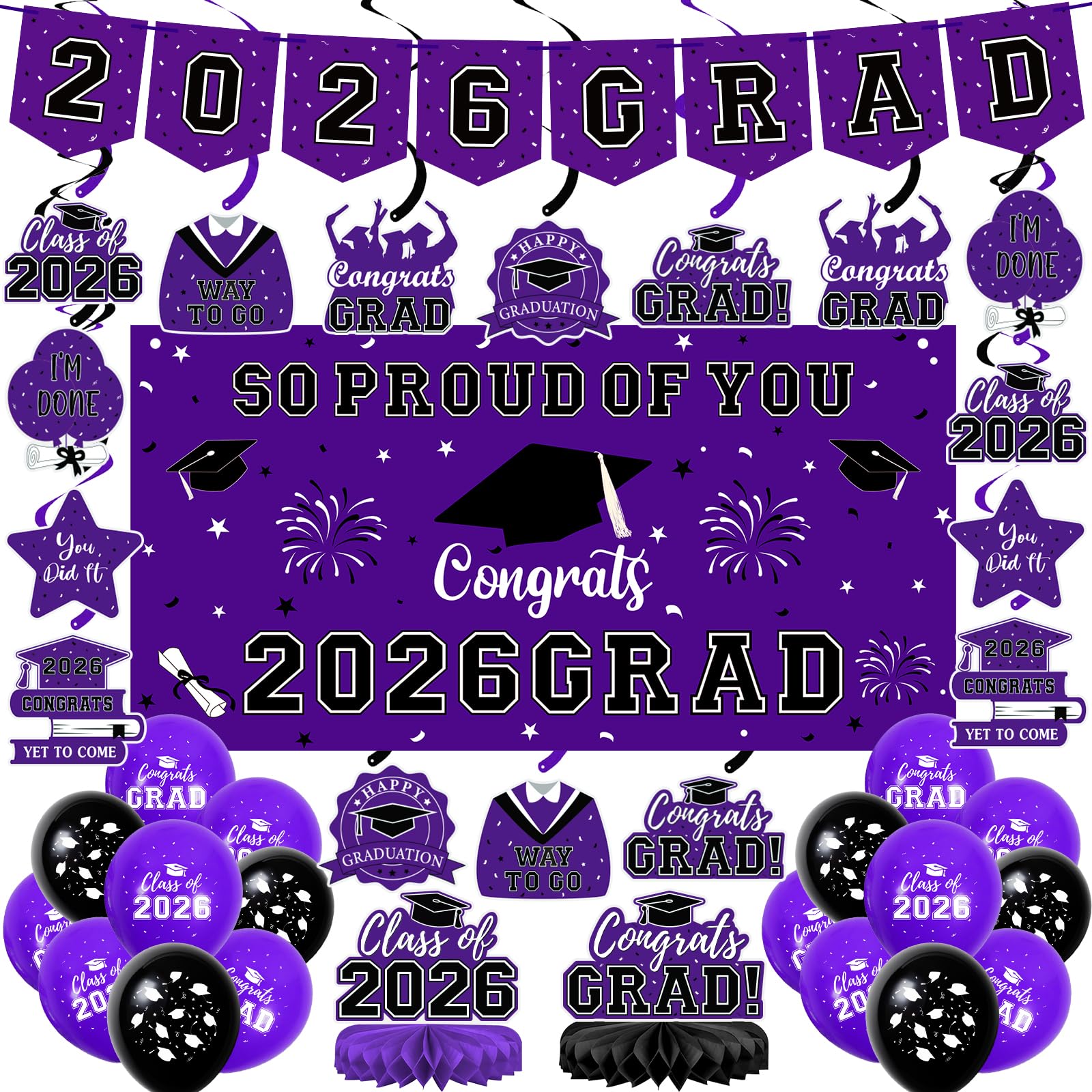 59Pcs Graduation Decorations 2026 Backdrop Balloons Banner Centerpiece Hanging Swirls Grad Class of 2026 Decorations for kindergarten K-12th College Any Grade Black Gold Themed