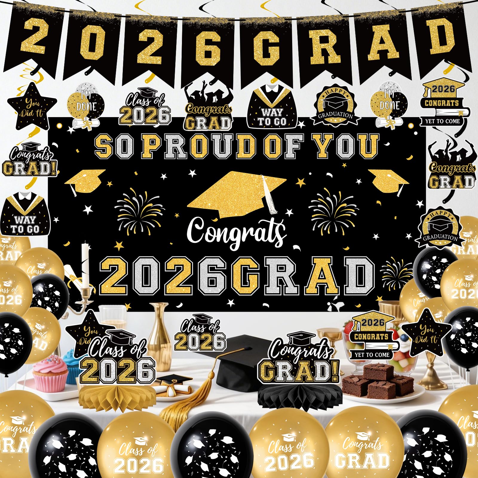 59Pcs Graduation Decorations 2026 Backdrop Balloons Banner Centerpiece Hanging Swirls Grad Class of 2026 Decorations for kindergarten K-12th College Any Grade Black Gold Themed