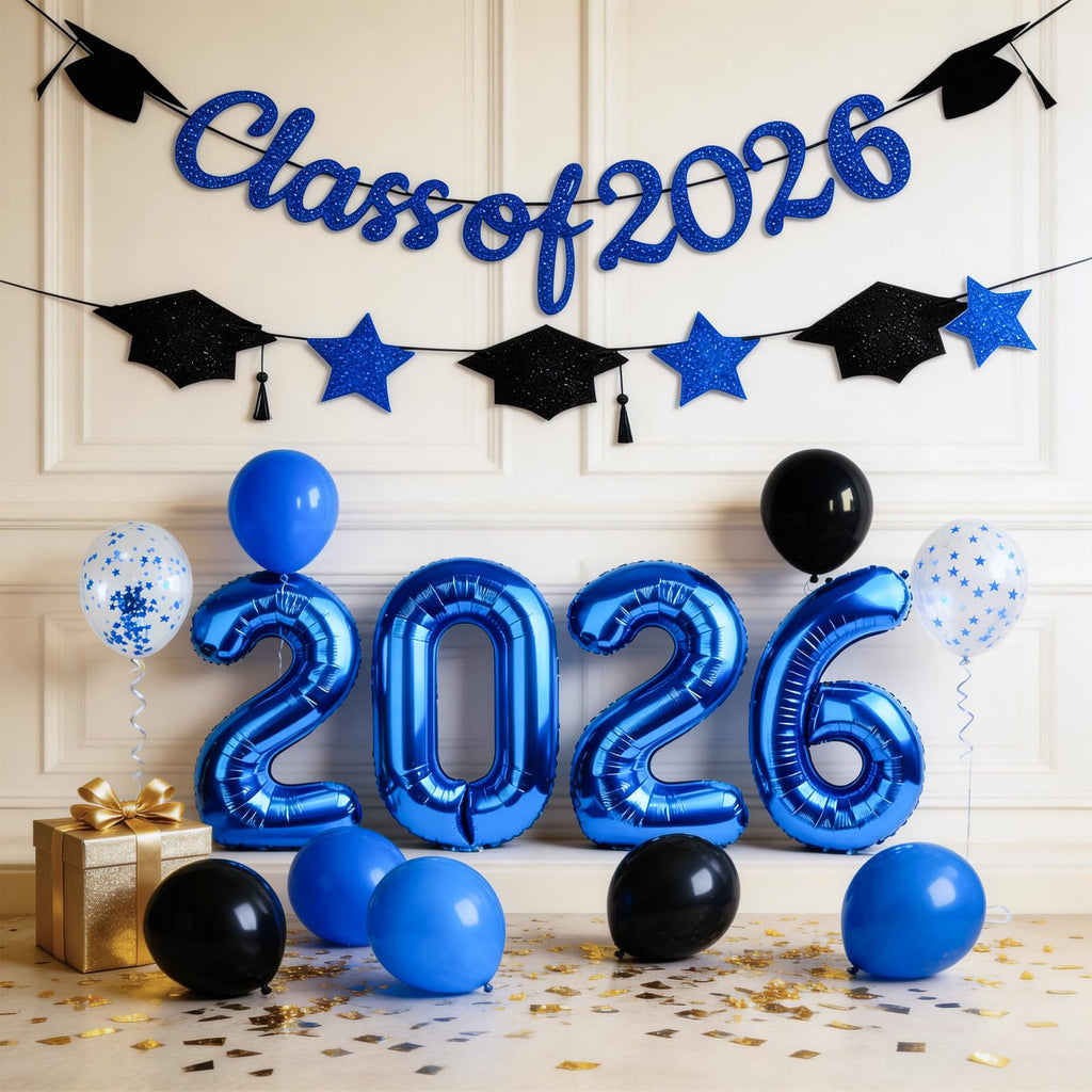 Graduation Balloons Class of 2026, Black Gold Graduation Party Decorations Set with 32in 2026 Number Balloons Confetti Balloon Star Cap Garland Banner for Senior High School College Grad Party Decor