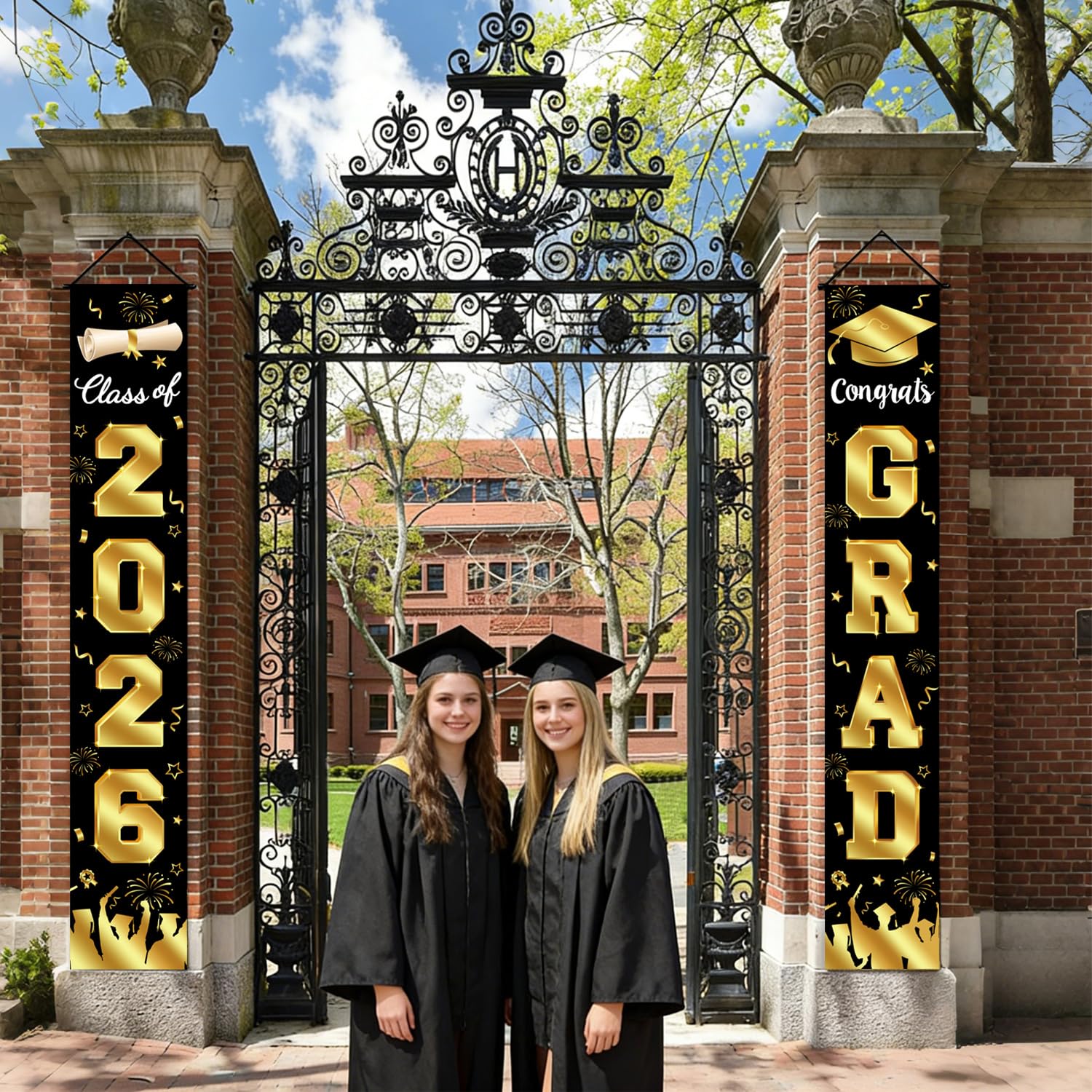 Graduation Decorations 2026 Porch Banner, Black and Gold Graduation Banner Class of 2026, Congrats Grad Decorations for Door and Porch Party Supplies