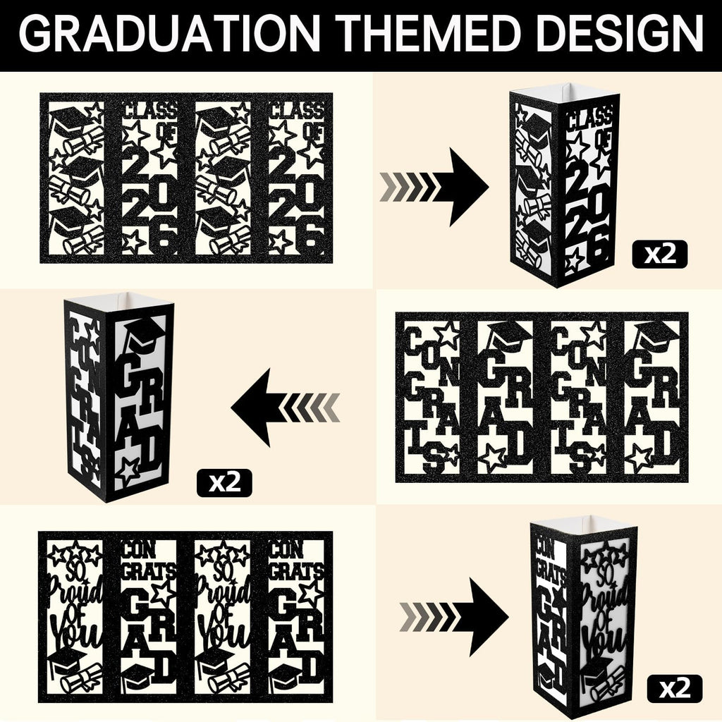 6 Pcs Graduation Table Centerpieces Boxes Class of 2026, Golden Graduation Paper Lanterns Boxes with String Lights Hollow Out for Congrats Grad School College Table Decorations Grad Party Photo Props