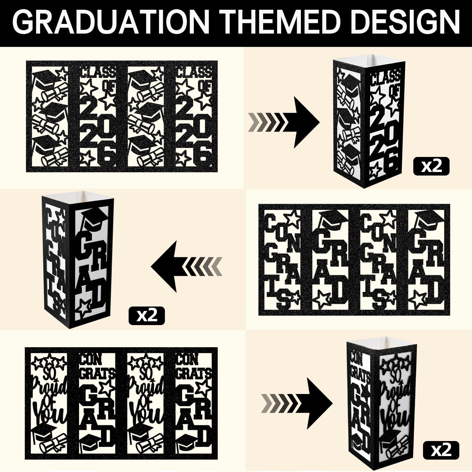 6 Pcs Graduation Table Centerpieces Boxes Class of 2026, Golden Graduation Paper Lanterns Boxes with String Lights Hollow Out for Congrats Grad School College Table Decorations Grad Party Photo Props