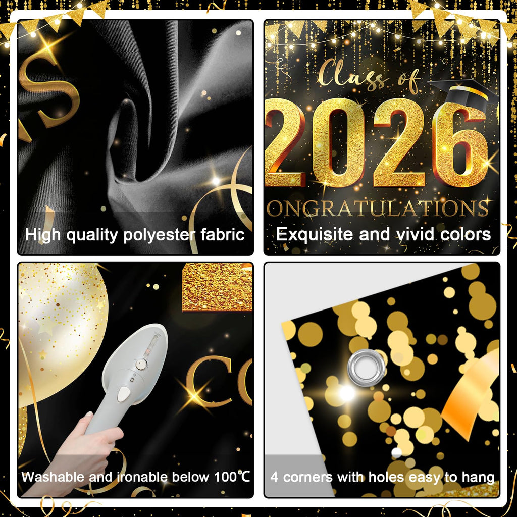 Avezano Graduation Backdrop Black and Gold Congratulations Class of 2026 Banner 2026 Graduation Decorations Photo Booth Background (6x3.6ft)