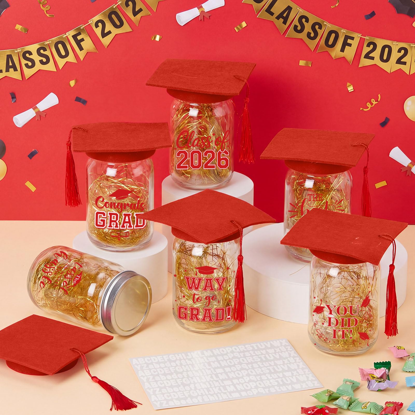 Suclain 6 Set Graduation Table Decorations Glass Mason Money Jars Gifts Class of 2026 Table Centerpieces with Felt Cap Raffia & Sticker for College High School Congrats Grad Parties(Black,Gold Tassel)