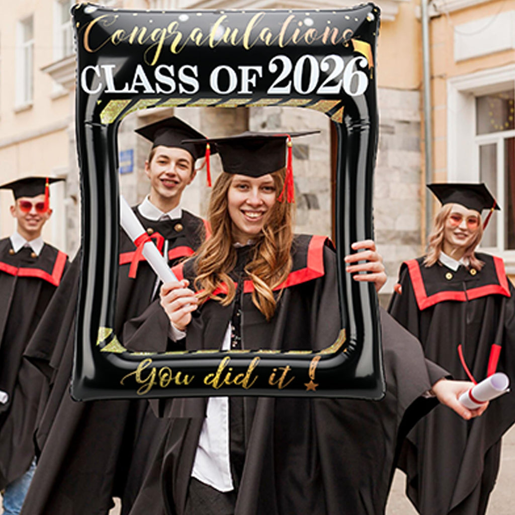 POPGIFTU Class of 2026 Graduation Photo Booth Frame, Inflatable Selfie Frame 31" x 24", Black Gold Congrats Grad Photo Booth Props for Graduation Party Decorations 2026