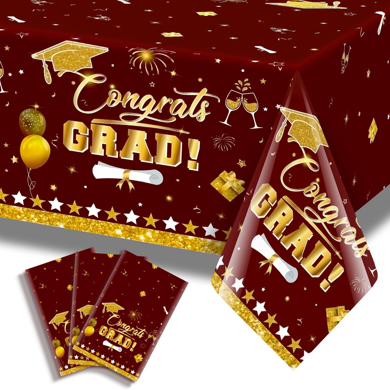 3 Pack Graduation Tablecloth Decorations,54x128inch Black Gold Congrats Grad Disposable Plastic Waterproof Rectangular Table Cloth Cover Decor for Class of 2026 College High School Party Supplies