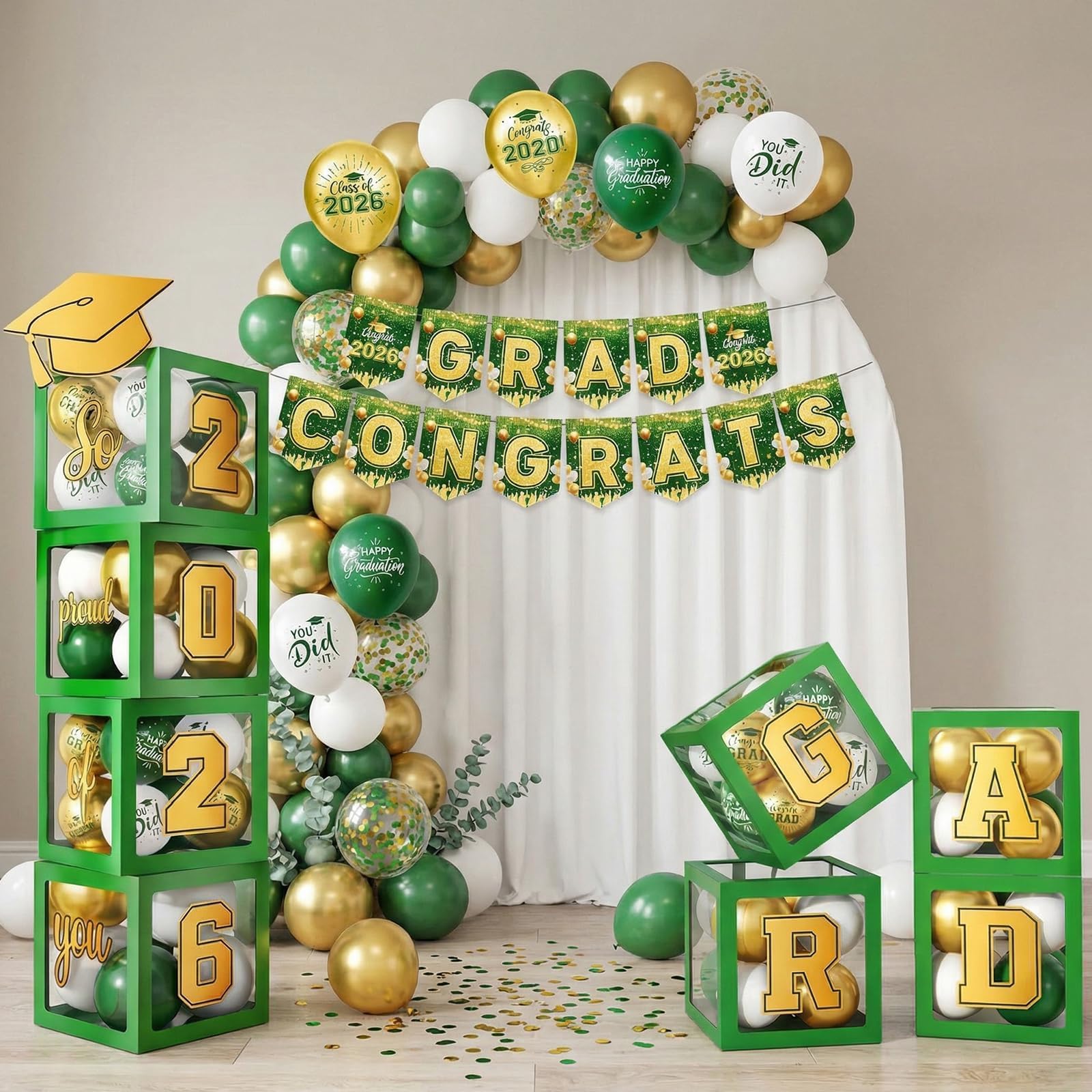 Gold and Black Graduation Party Decorations, Grad Balloon Boxes with Letters 2026 GRAD So Proud of You, Grad Balloons and Banner Decorations for Class of 2026 High School Graduation Decor