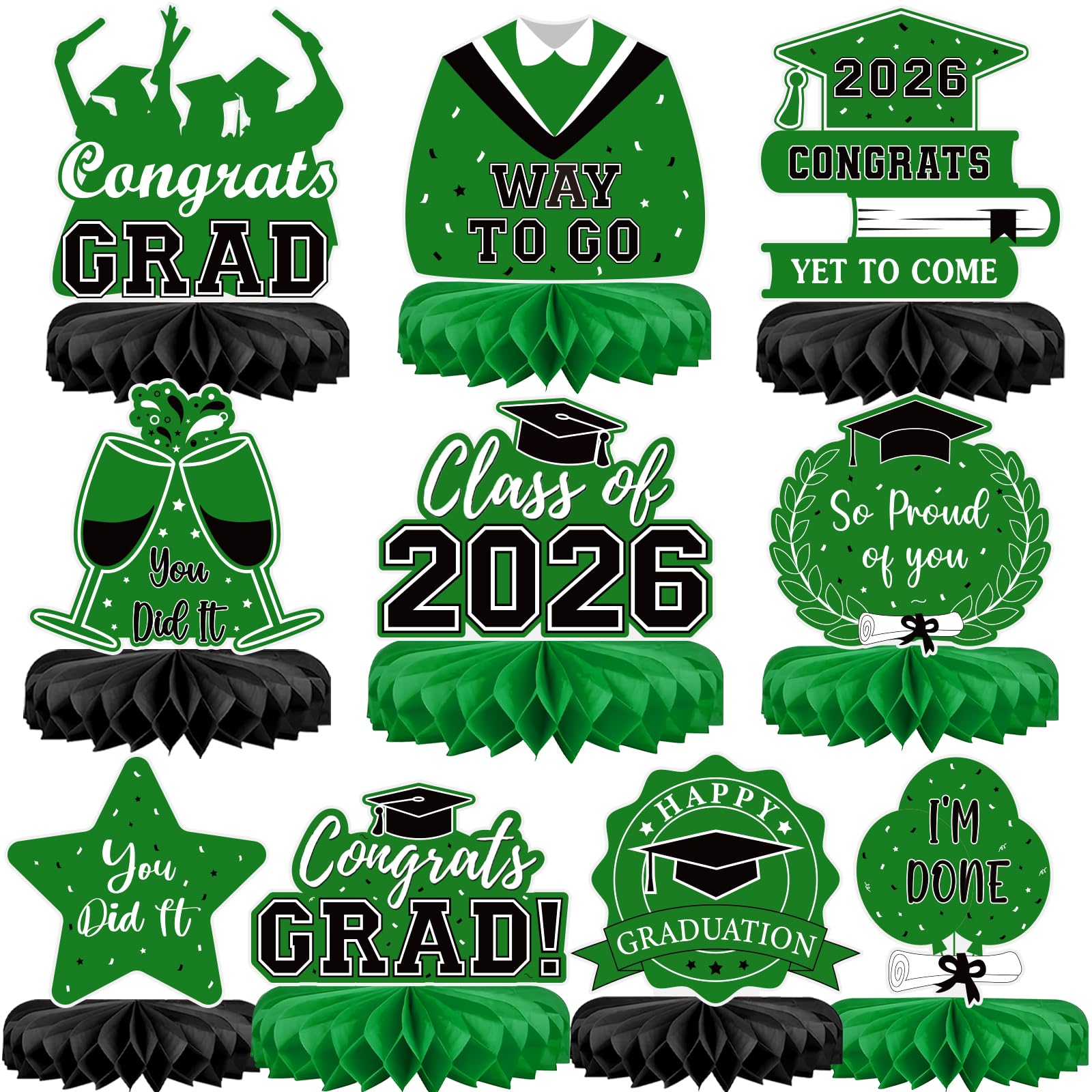 10Pcs Graduation Decorations 2026 Class of 2026 Congrats Grad Table Honeycomb Centerpieces Graduation Party Supplies for kindergarten K-12th College Any Grade Black